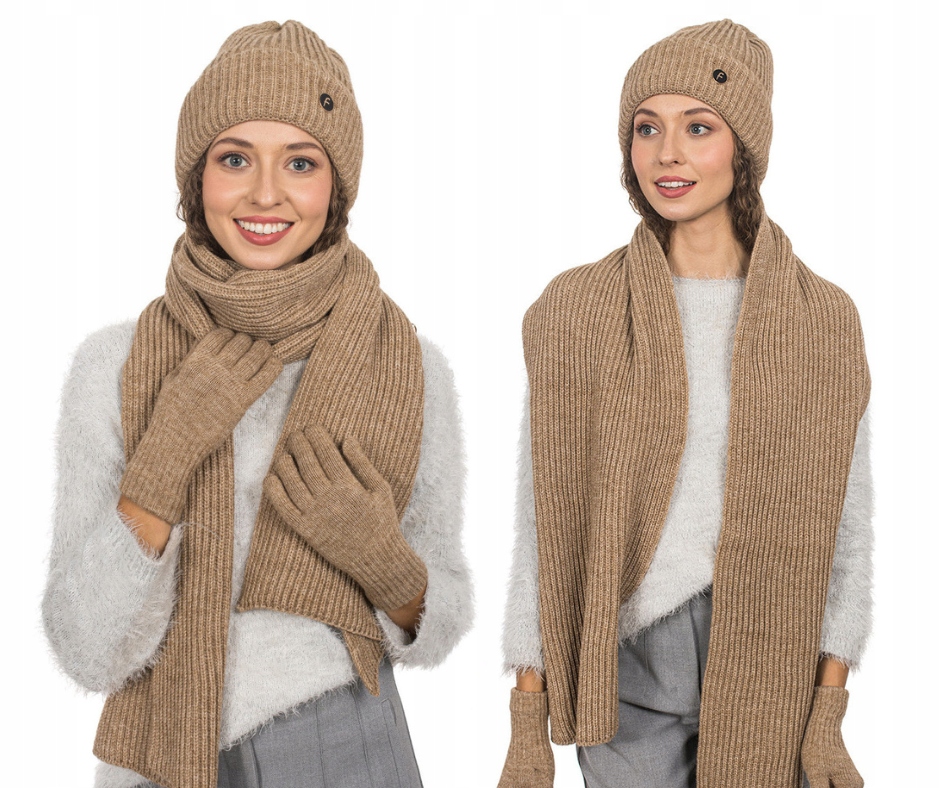 Dámský komplet čepice šála a zimní rukavice béžová polský výrobce