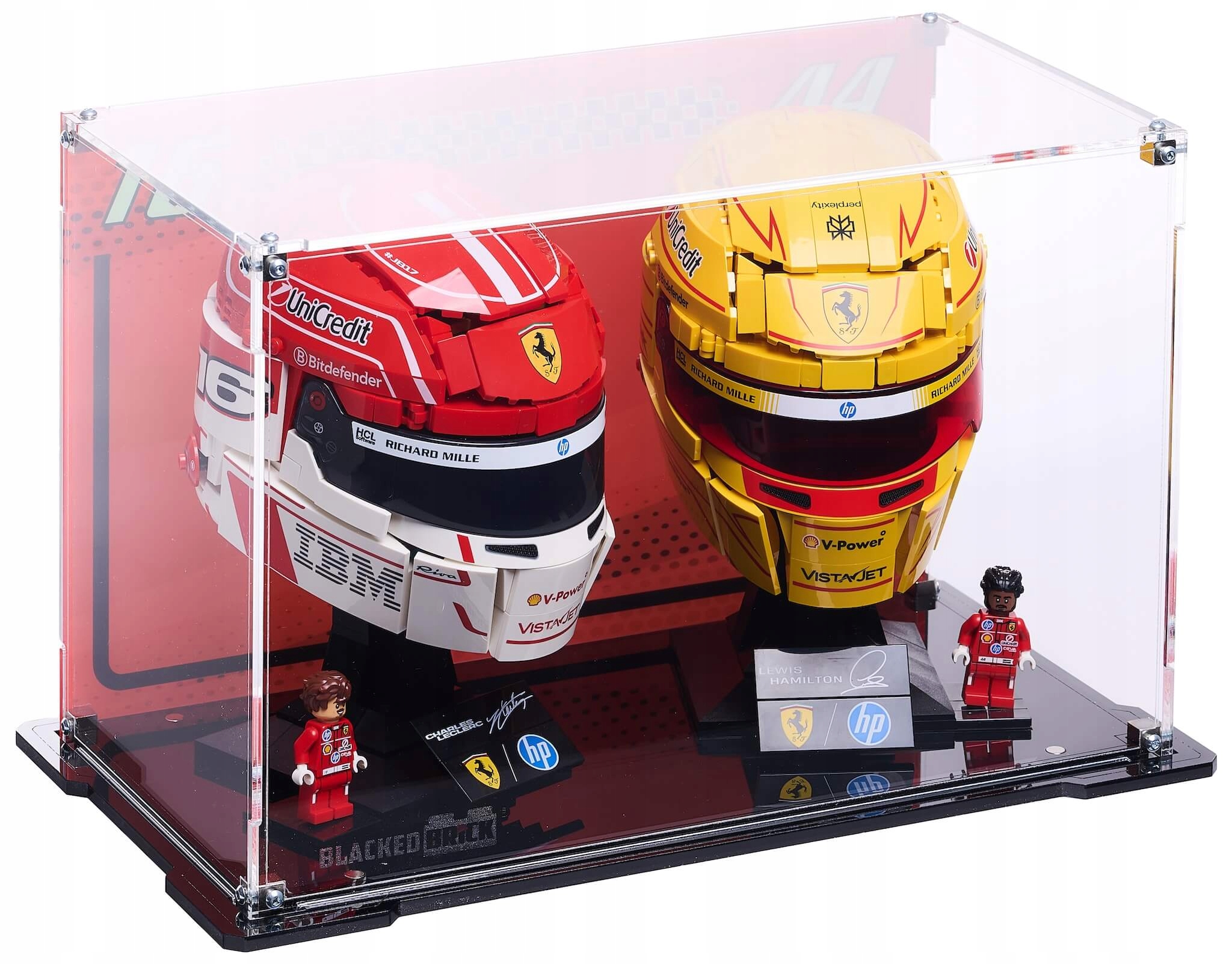 Vitrína s pozadím Blacked Brick pro Lego 43022 43014 Helmy Hp Leclerc Hamilton