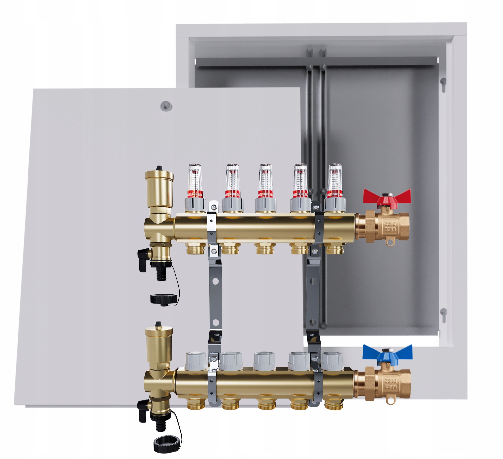 Rozdělovač podlah mosazný 5 okruhů nástěnná skříňka jednoduchý ventil