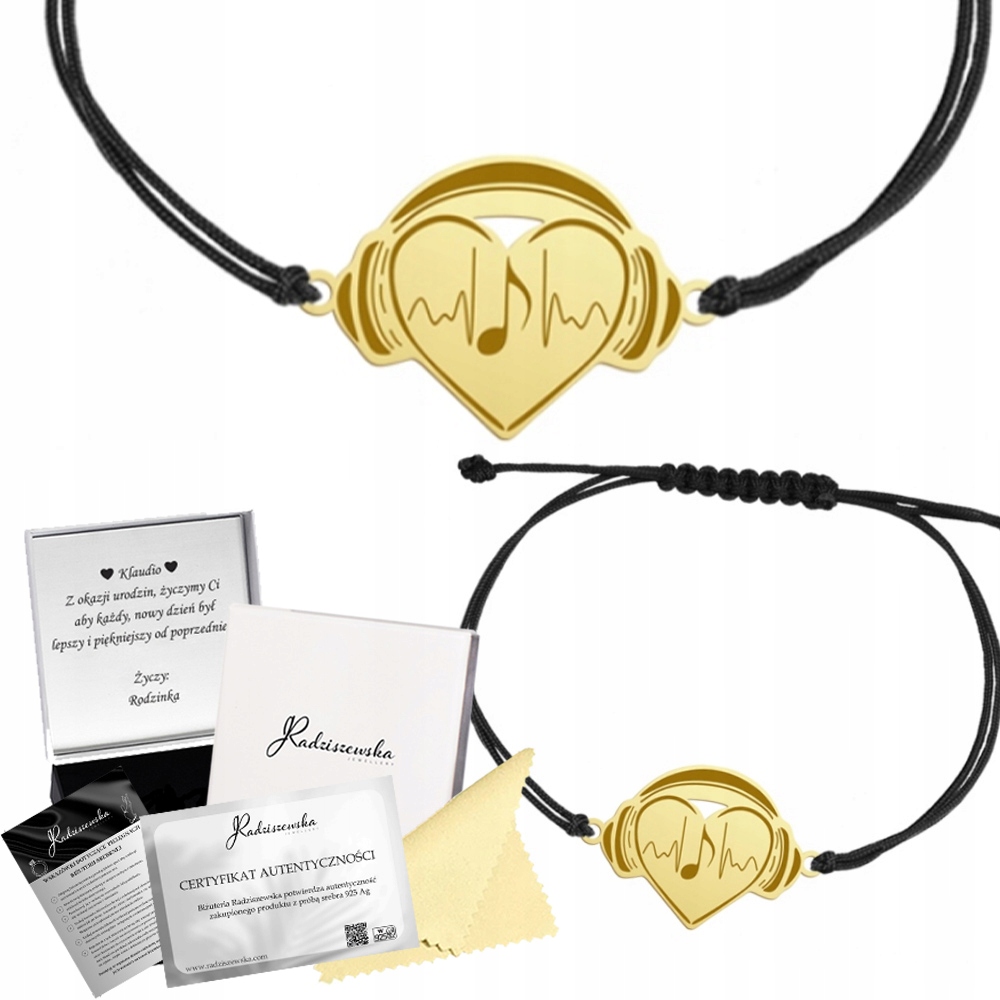 Zlatý náramek Srdce Sluchátka Hudba Šňůrka Stříbro 925 Dárek Gravírování