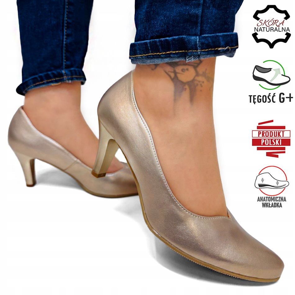 Zlaté Perleťové Kožené Lodičky, Stabilní, Širší Podpatky Pro Halušky, Velikost 41