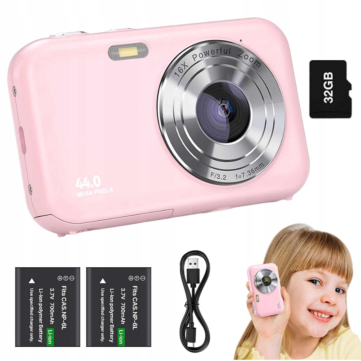 Digitální Fotoaparát Pro Děti 44 Mp 16x Zoom Růžová Kamera 32GB