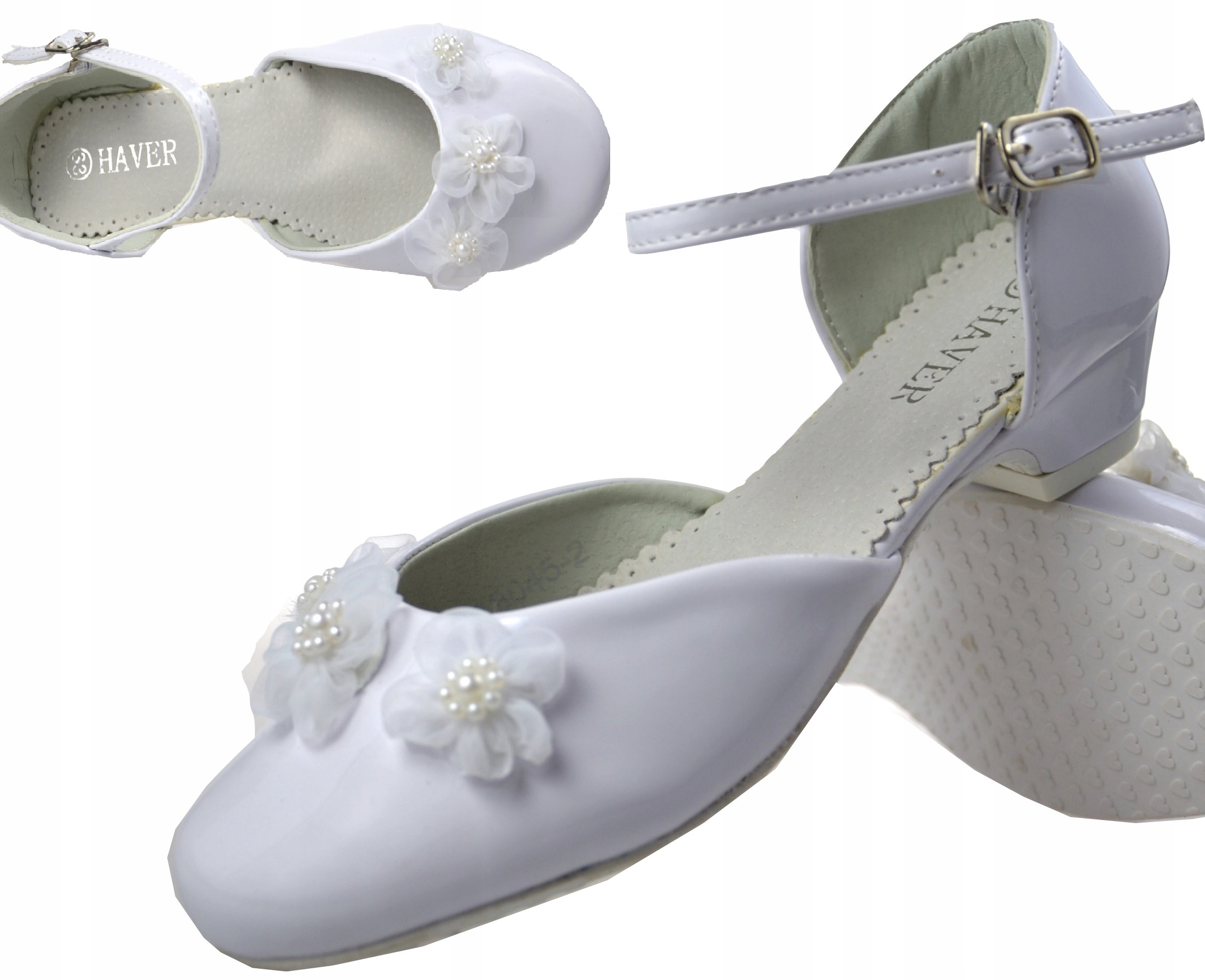 PANTOFELKI Komunia Mały obcas LAKIER TIUL BIAŁE 35