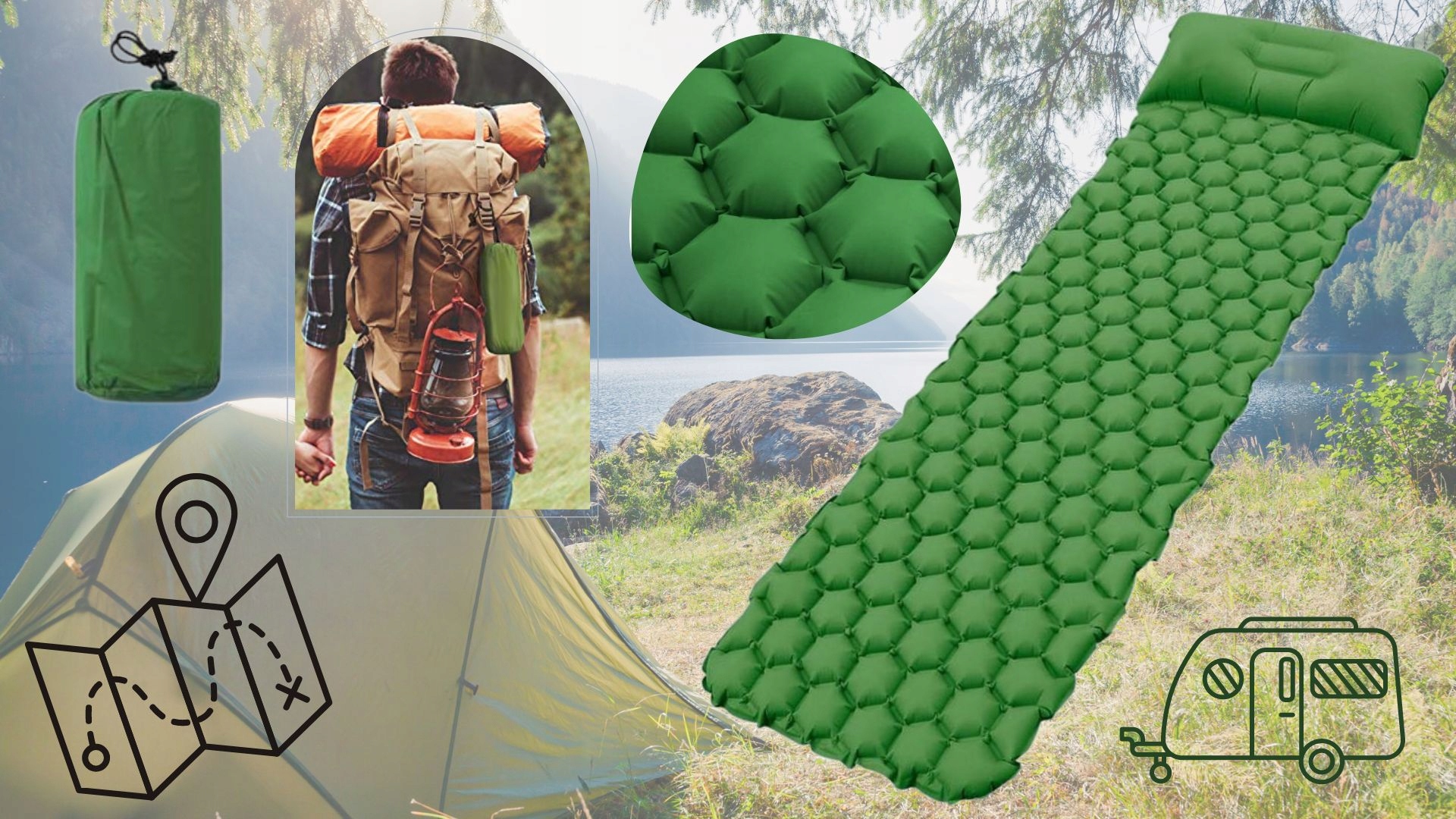 ULTRA LEKKI JEDNOOSOBOWY MATERAC 190x58cm z PODUSZKĄ 5CM GRUBOŚĆ +POKROWIEC Model MATA TURYSTYCZNA POMPOWANA Z PODUSZKĄ