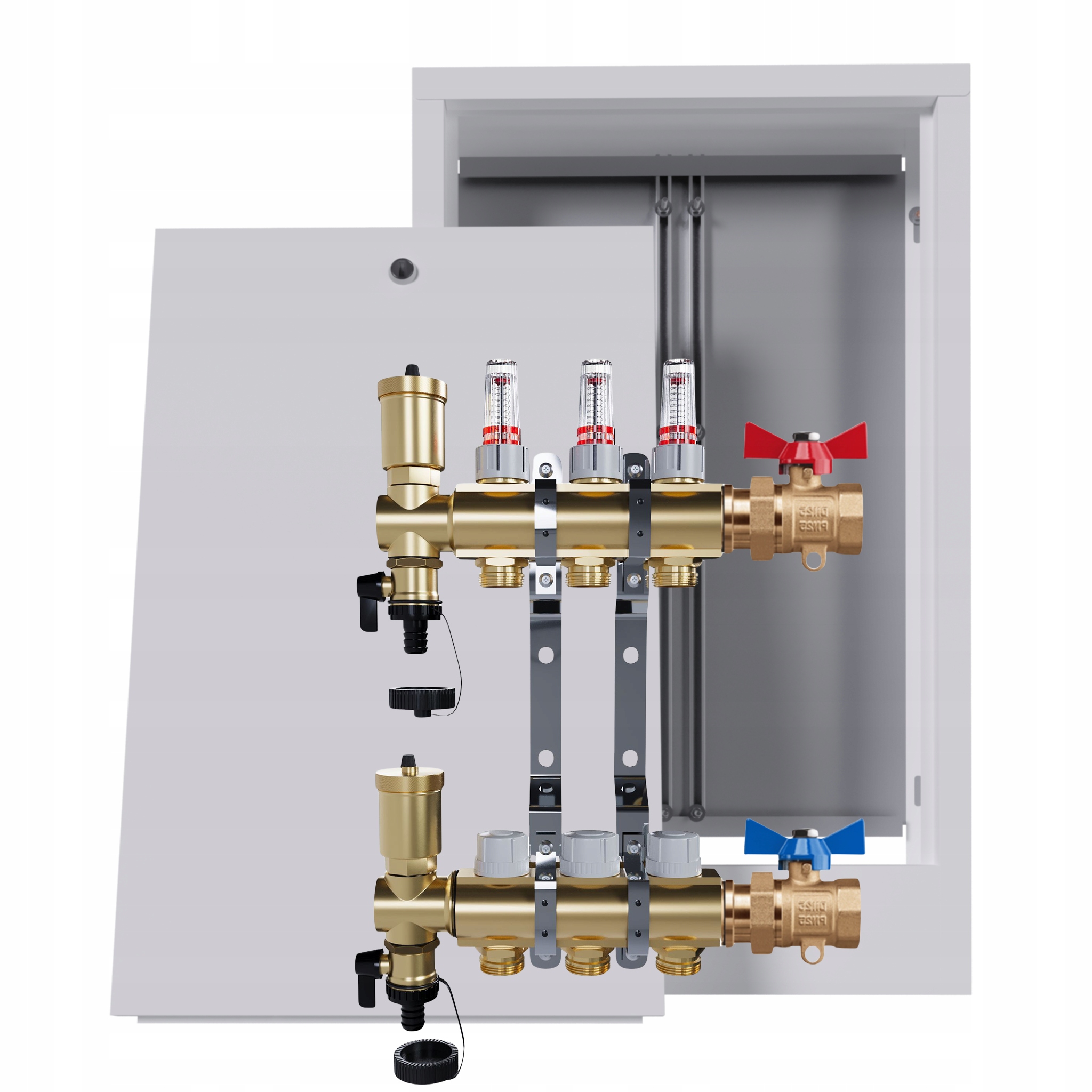 Rozdělovač podlahových krytin mosazný 3 okruhy nástěnná skříňka jednoduchý ventil