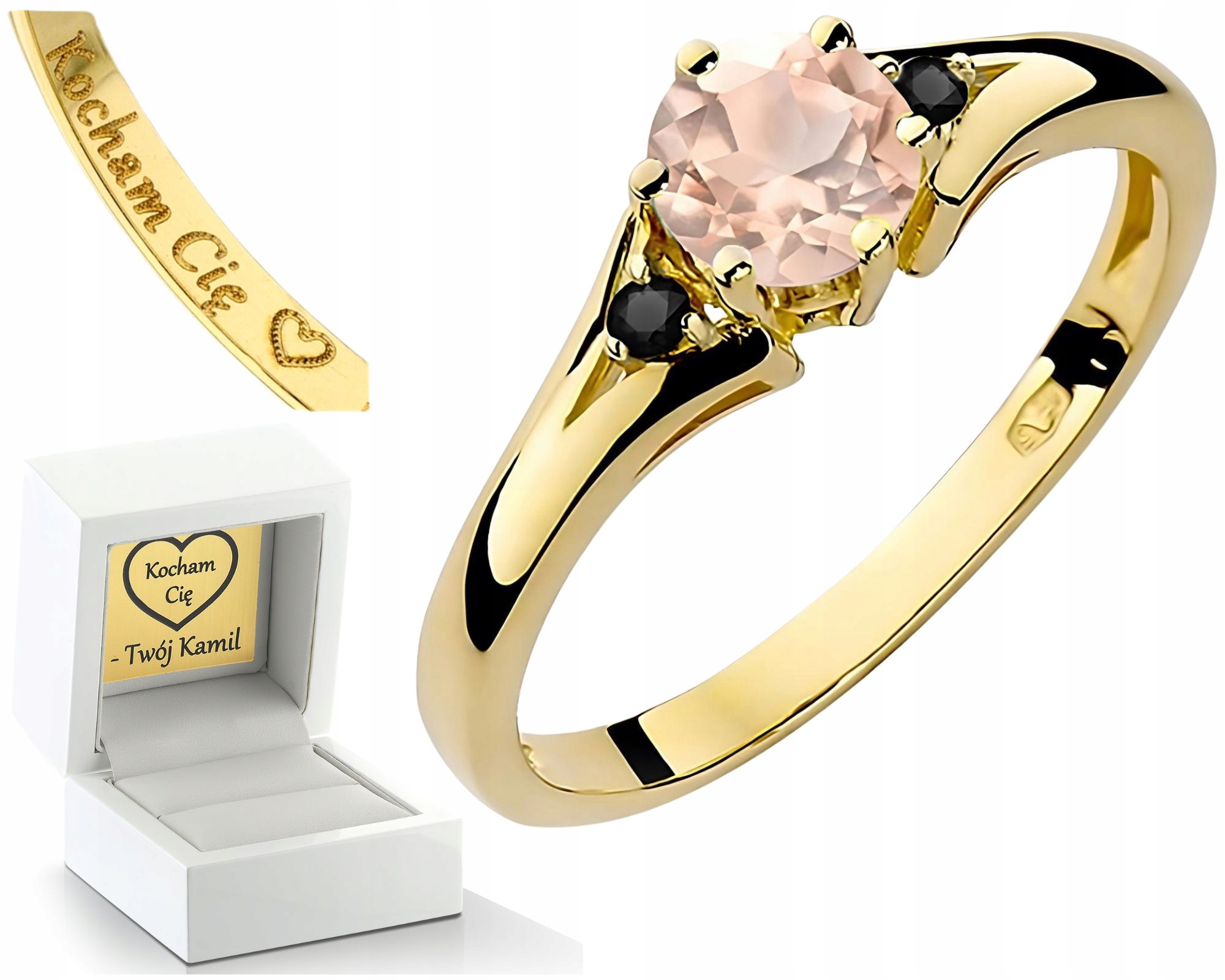 Zlatý Prstýnek S Morganitem A Černými Brilianty, Zlato 585 14K Gravírování