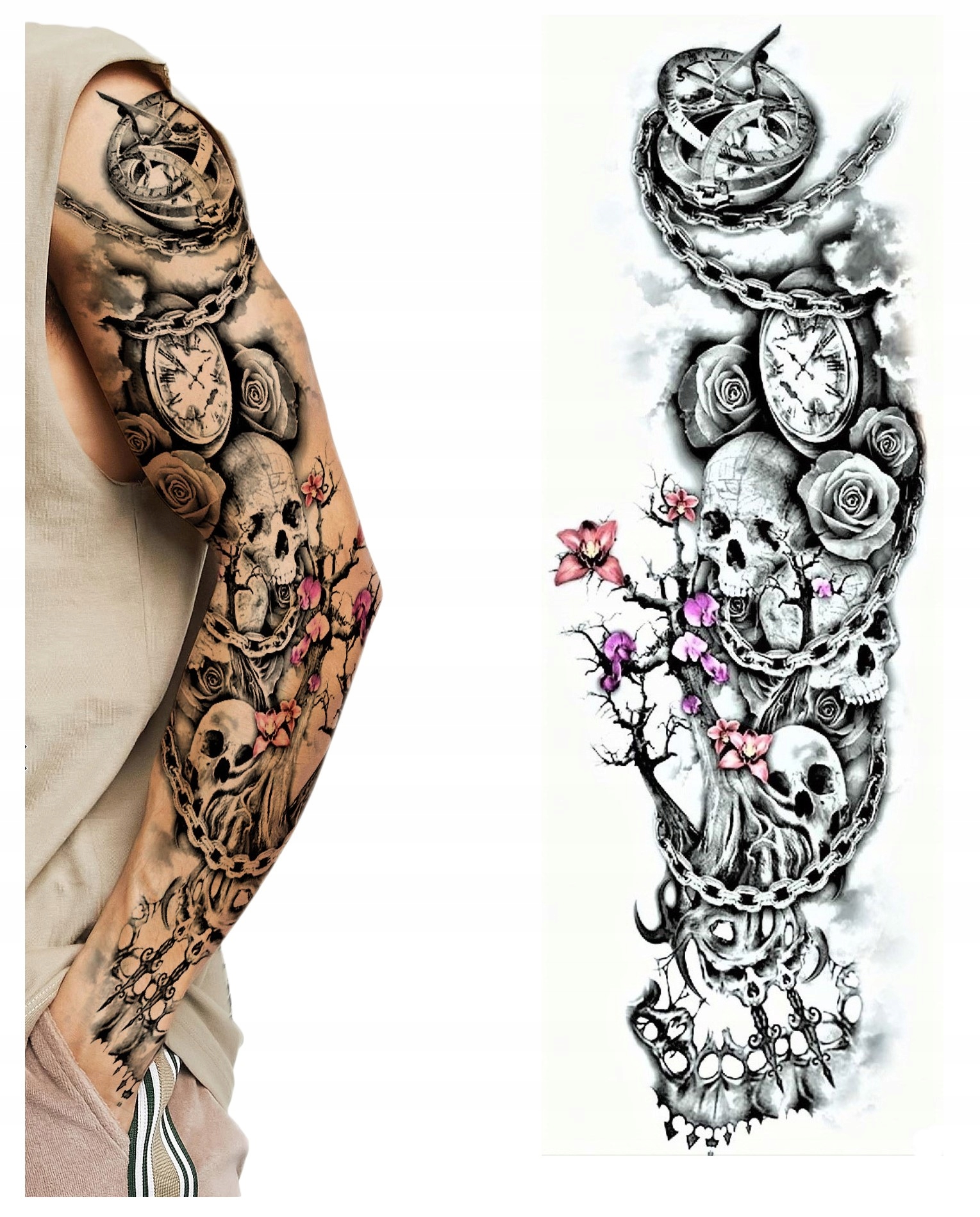 

Tatuaż Zmywalny Tymczasowy Rękaw czaszki zegar