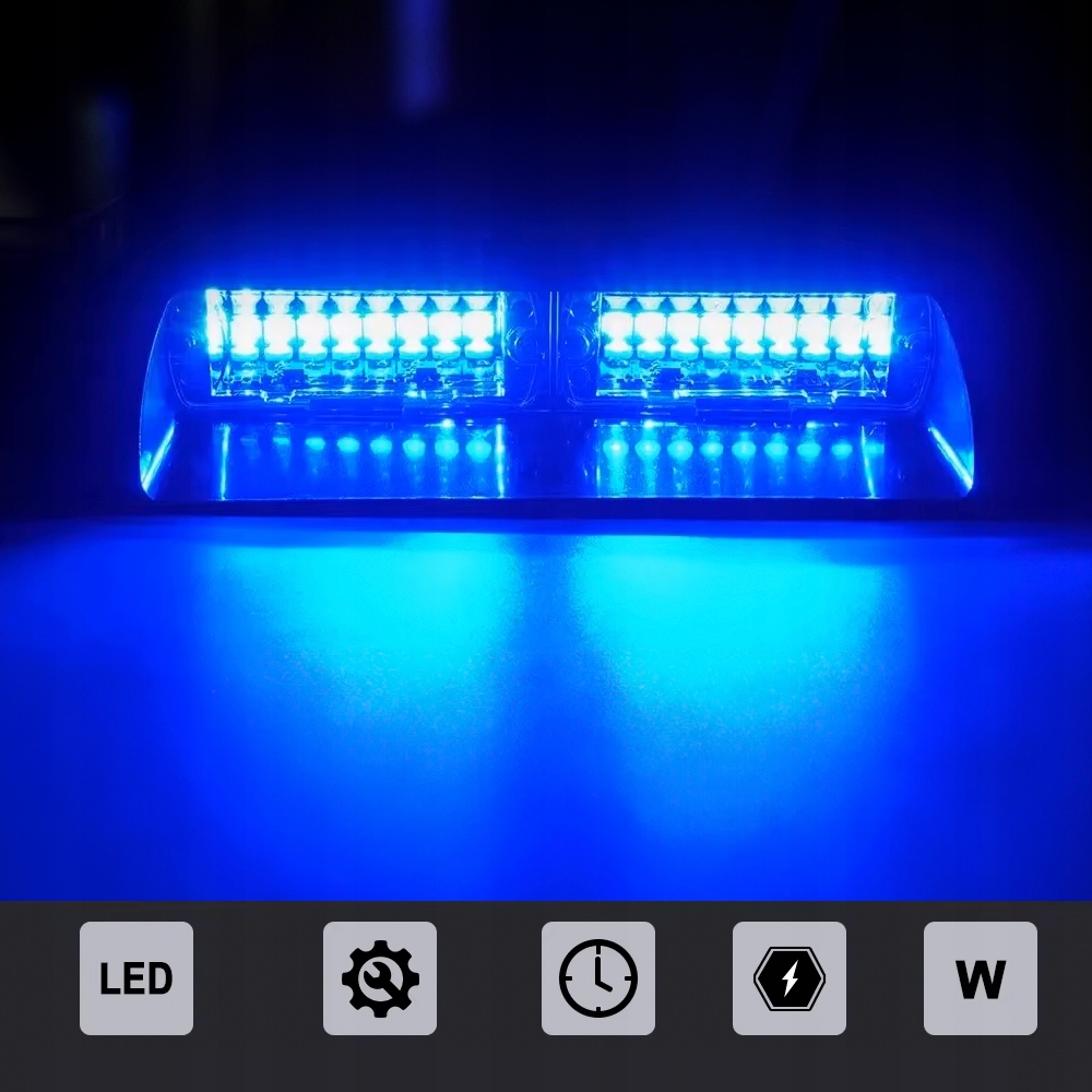 LED LAMPA NIEBIESKA BŁYSKOWA OSTRZEGAWCZA ZA SZYBĘ WŁĄCZNIK 18 PROGRAMÓW Stan opakowania oryginalne