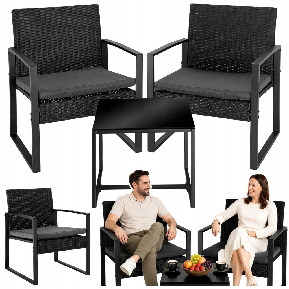 Sada zahradního nábytku Rattan Dvě židle Stolek na Terasa Balkon Černá Lean
