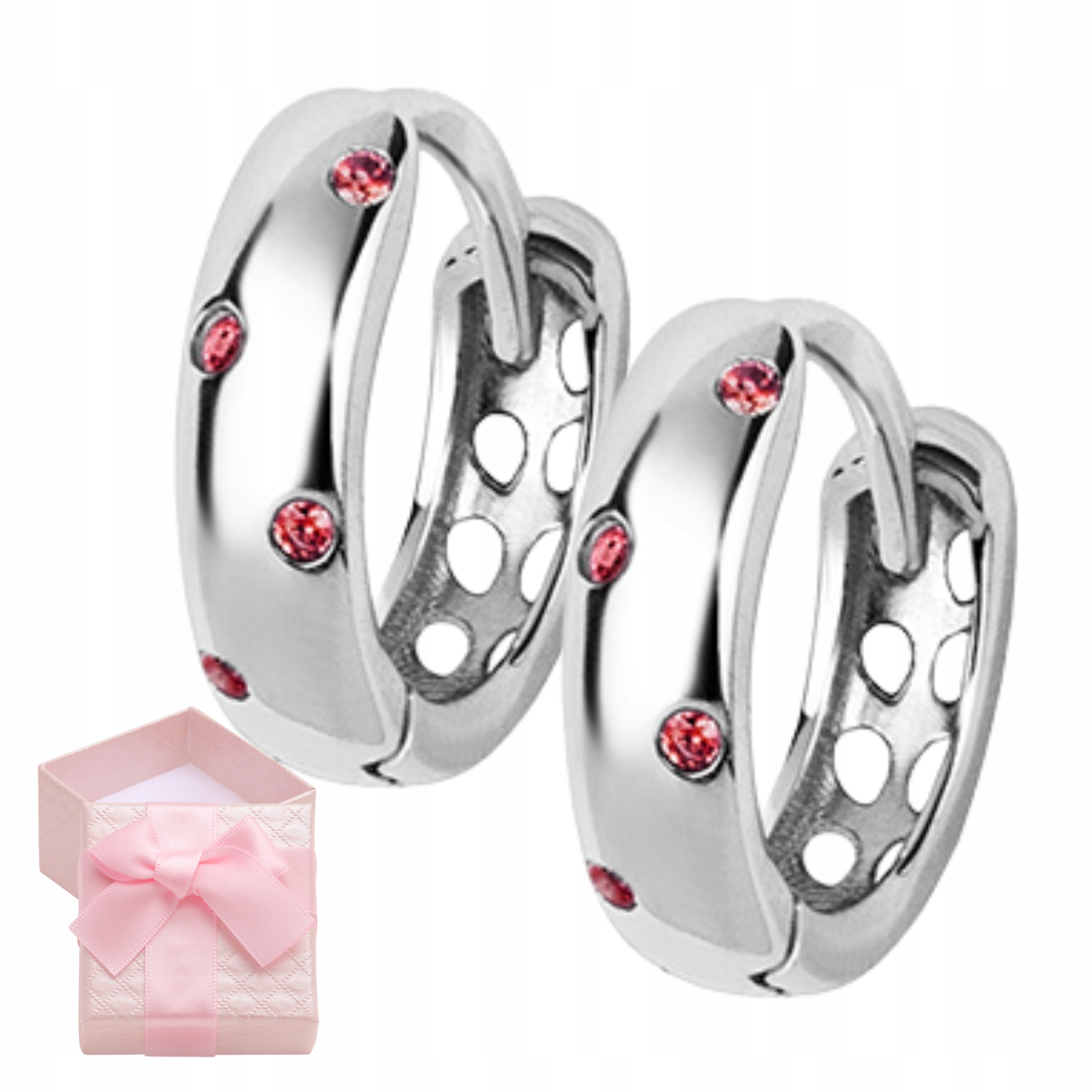 KOLCZYKI SREBRNE KÓŁKA KÓŁECZKA RÓŻOWA CYRKONIA RODOWANE ZATRZASK PREZENT