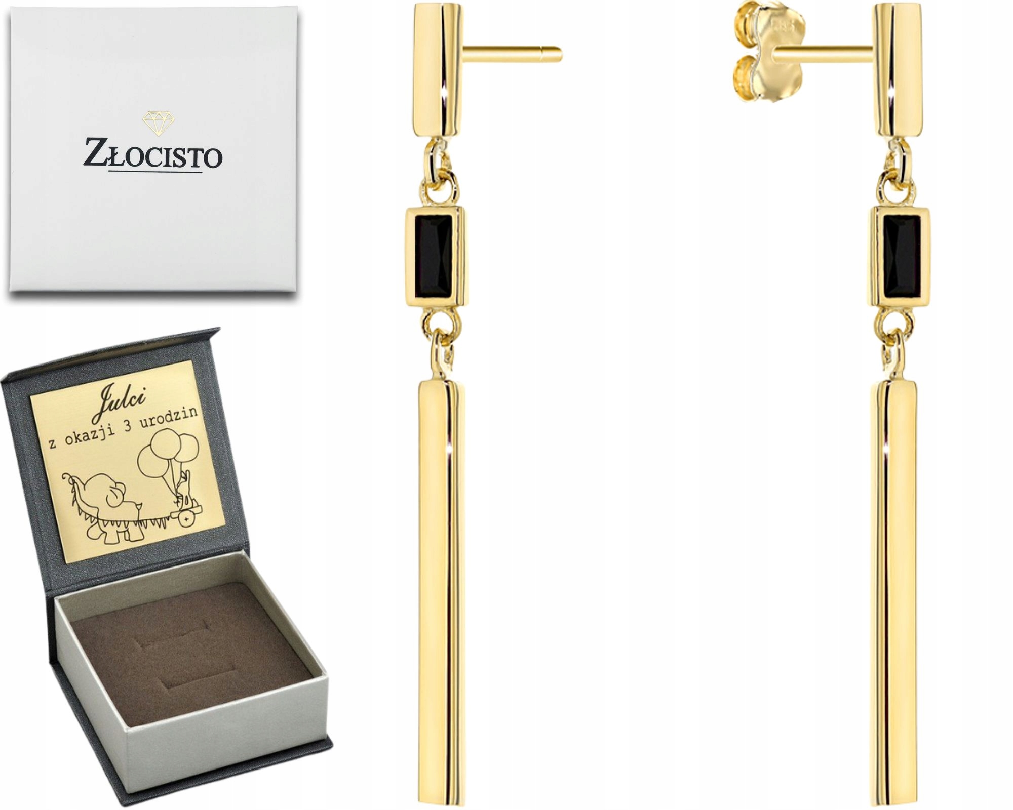 Zlaté Náušnice, Závěsné Tyčinky Na Tyči S Černým Kamenem, Zlato 585