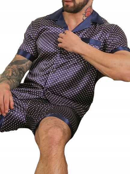 Tmavě Modré Pyžamo, Příjemná Hedvábná Saténová Tkanina, Kompletně Rozepínací Pyžamo XL