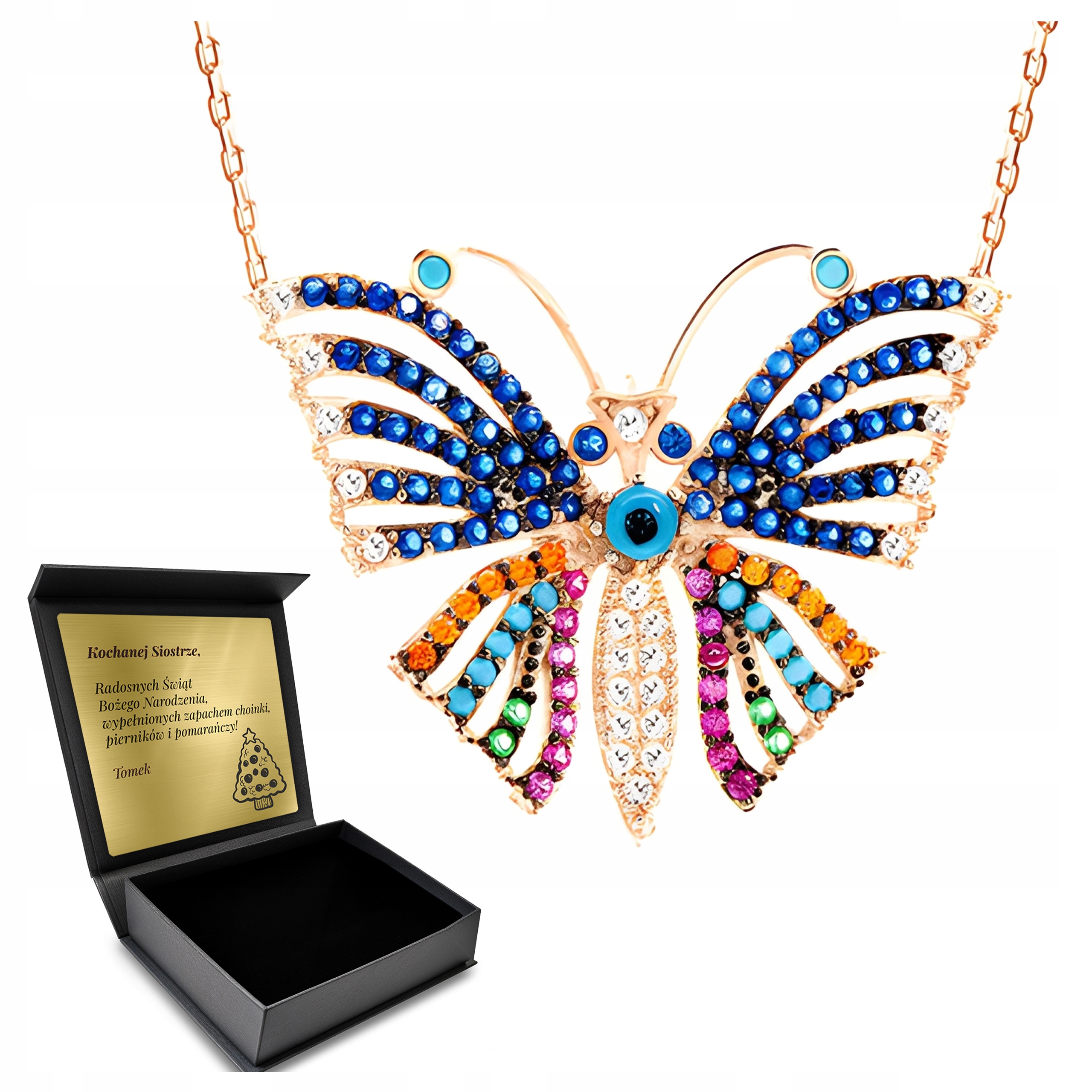 Řetízek ze zlata a stříbra se Zirkony , elegantní Gravírování Krabička s motýlem