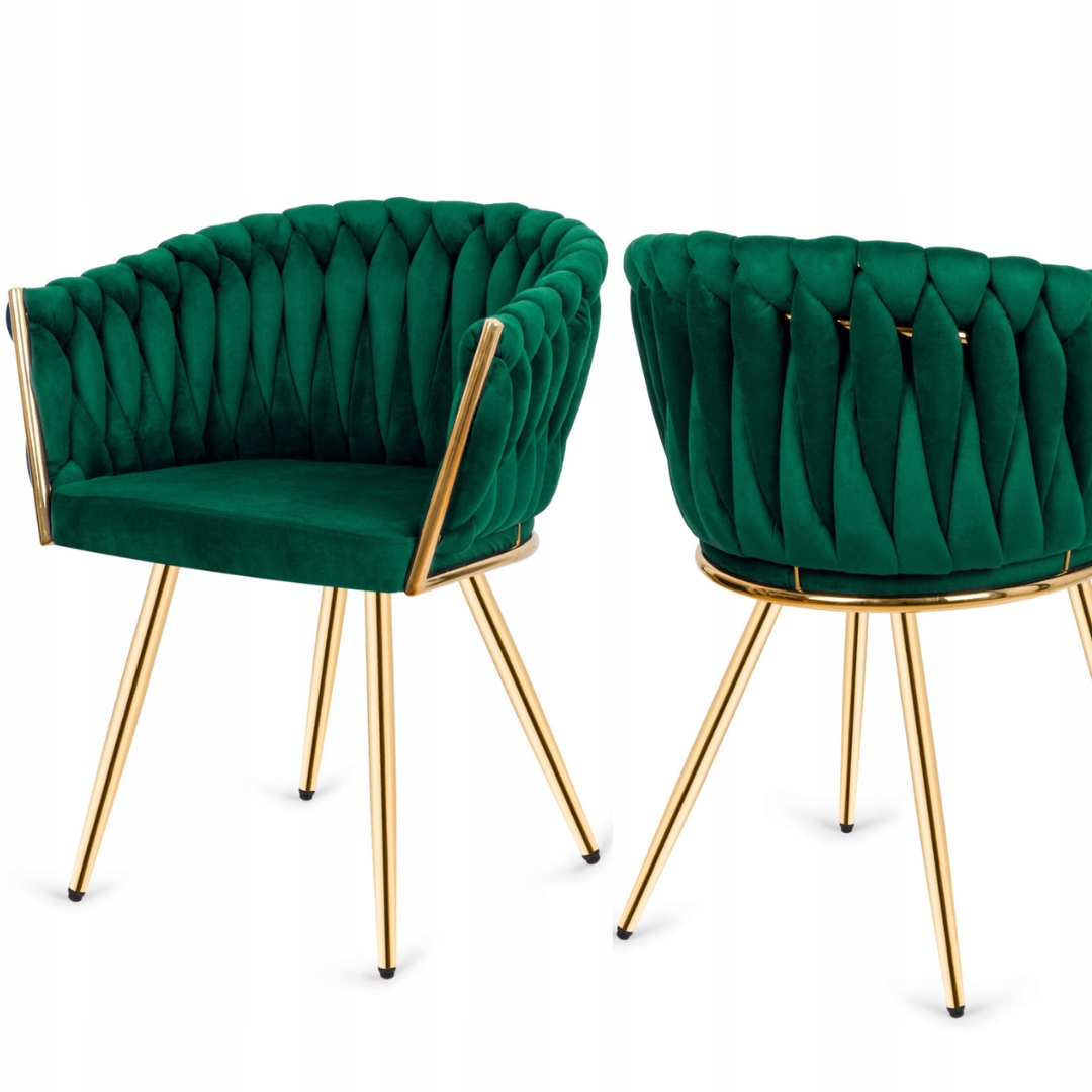 Fotel welurowy zielony Krzesło warkocz Glamour do salonu złote nogi