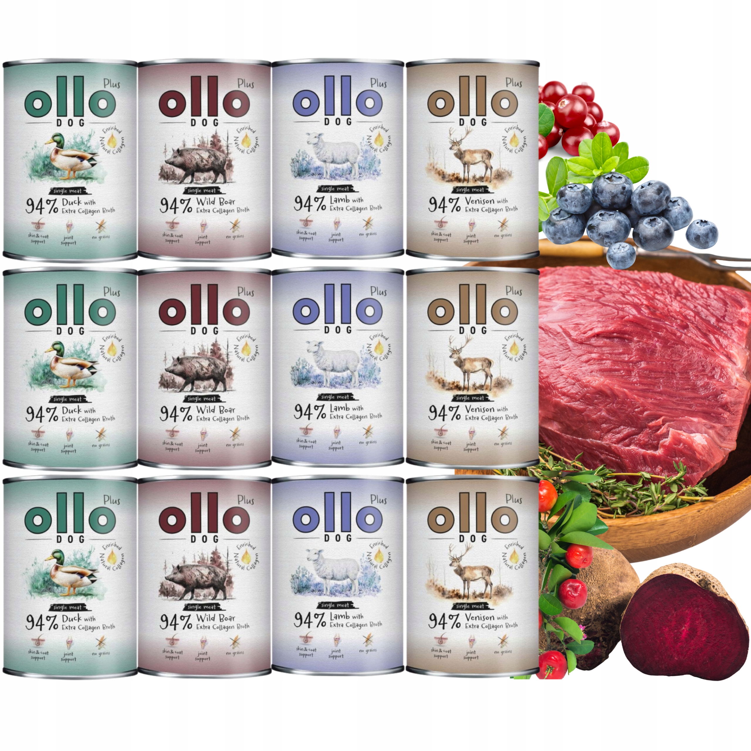 Ollo Plus Kolagen MIX Smaków 12x400 g – monobiałkowa karma mokra dla psa