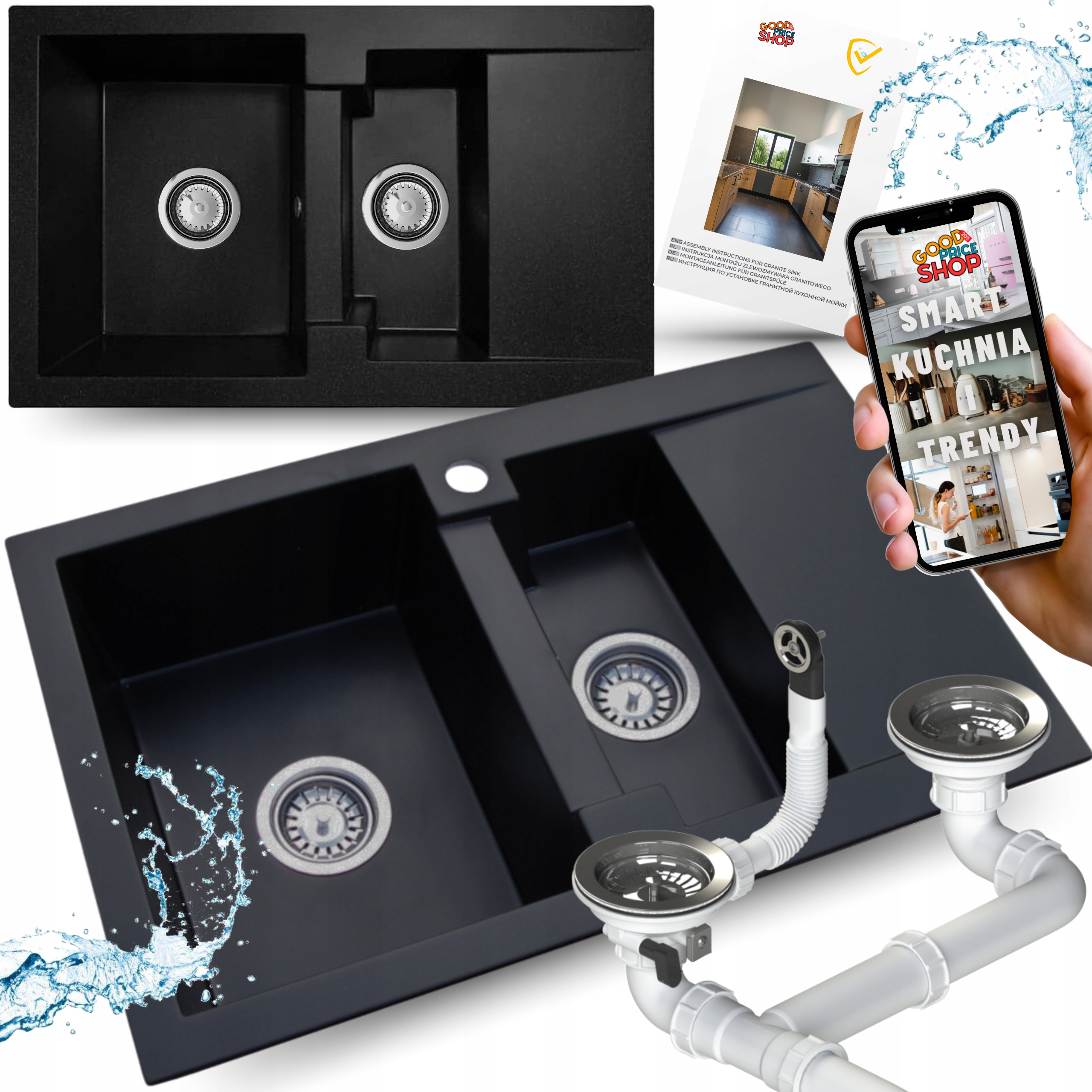 Granitový Dřez S Jedním A Půl Komorou A Odkapávačem, Černý Dřez Sifon, Chrom