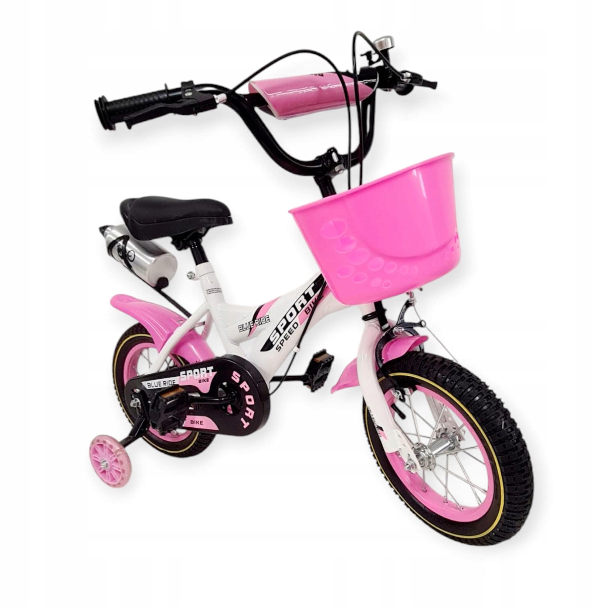 Rowerek dziecięcy 12 cali boczne koła koszyk bidon Biały z Różowymi