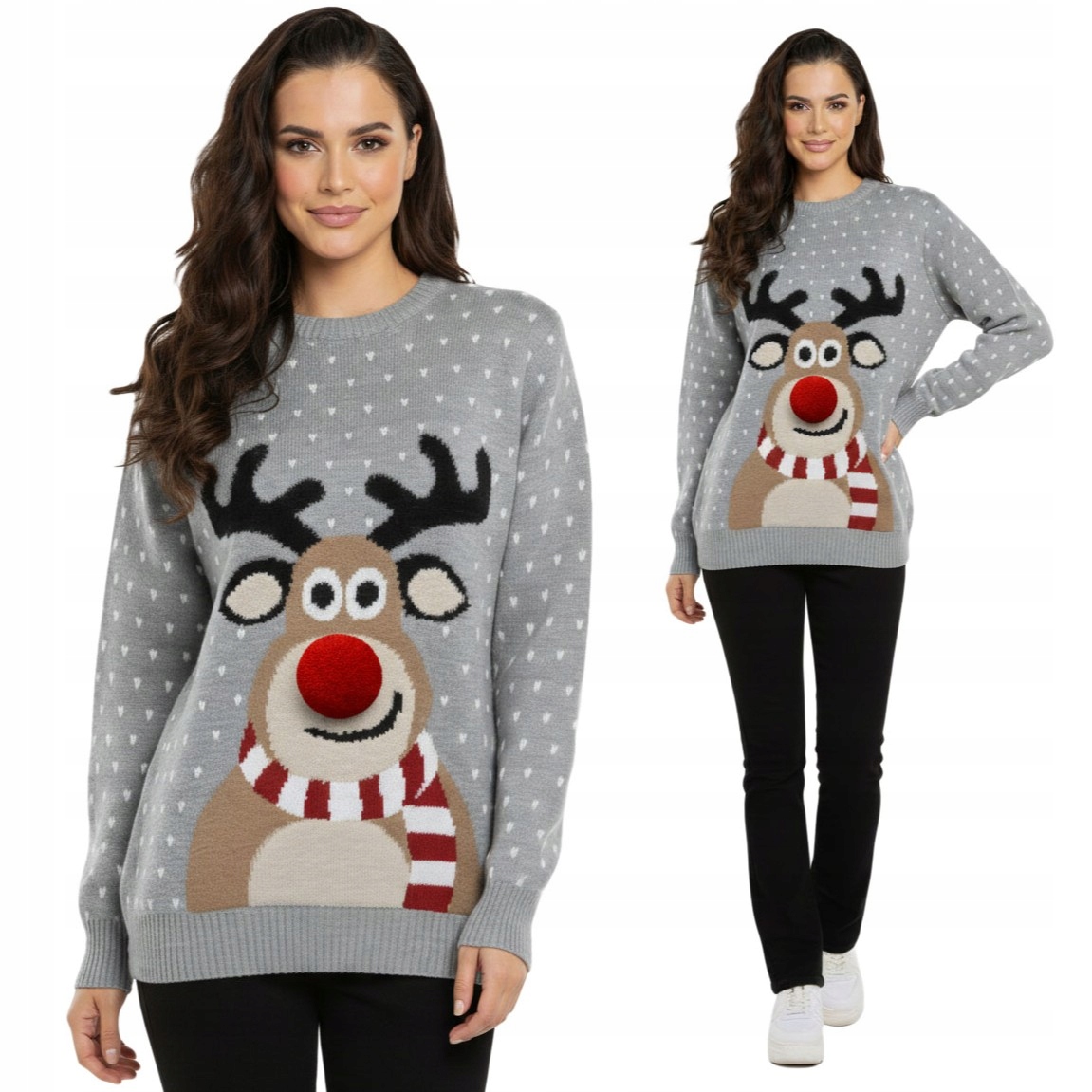Šedý vánoční svetr s 3D sobem a bambulí, teplý, zimní, dámský, 4XL