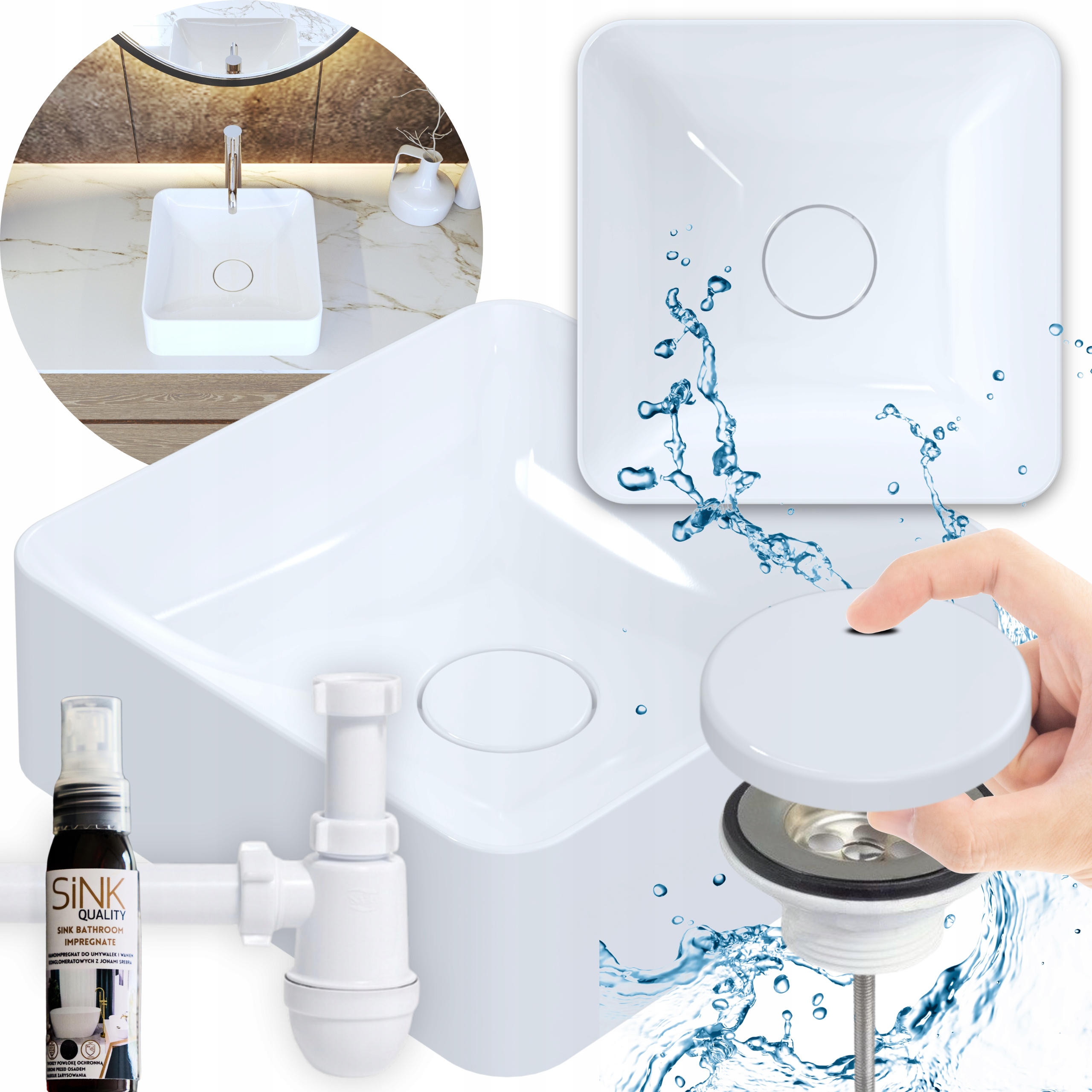 Set umývadlová doska 40 štvorcová konglomerát Sifón Biela maska