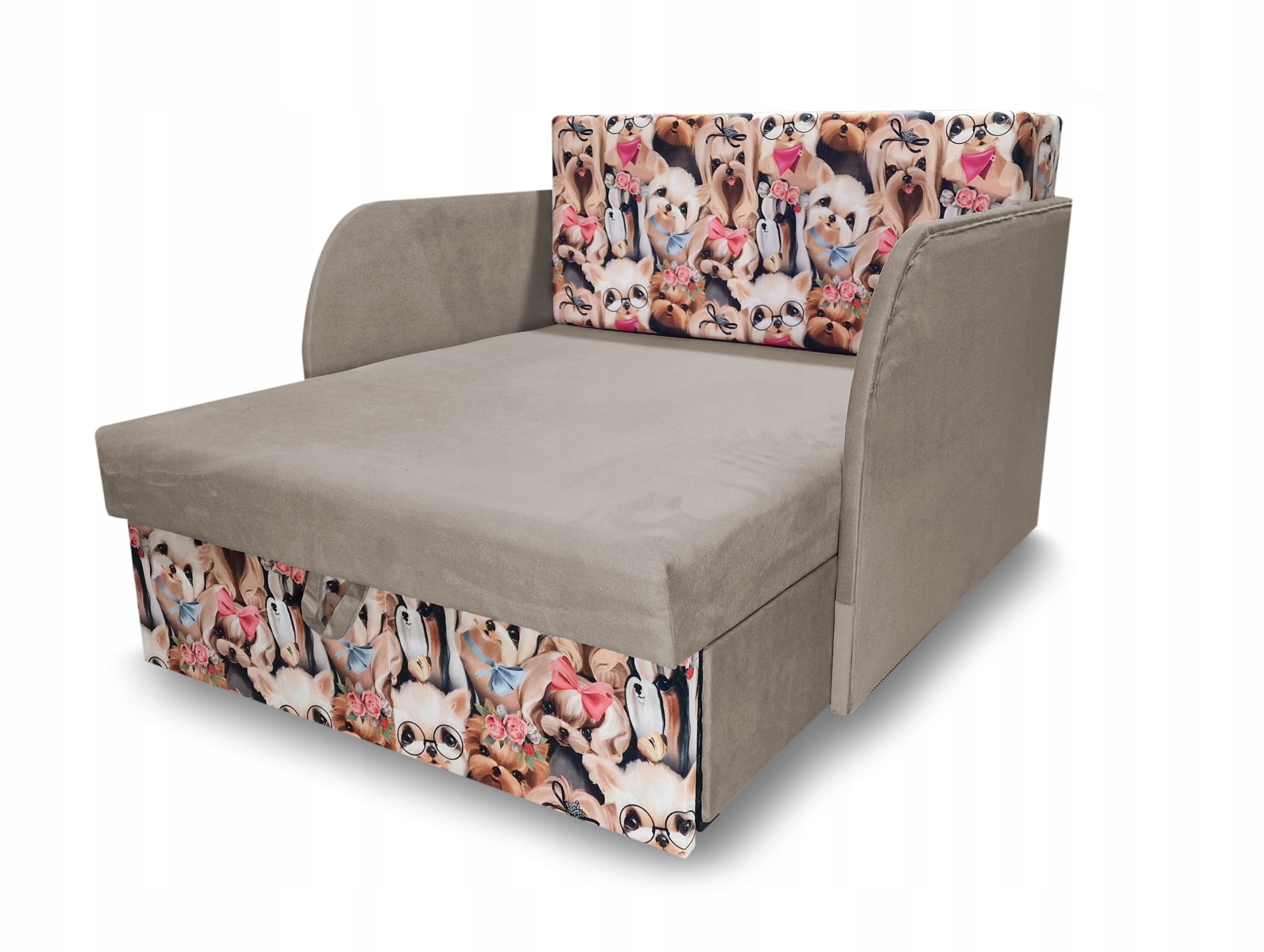 Rozkładany fotel dla dziecka, łóżko dziecięce, tkanina pieski, materac