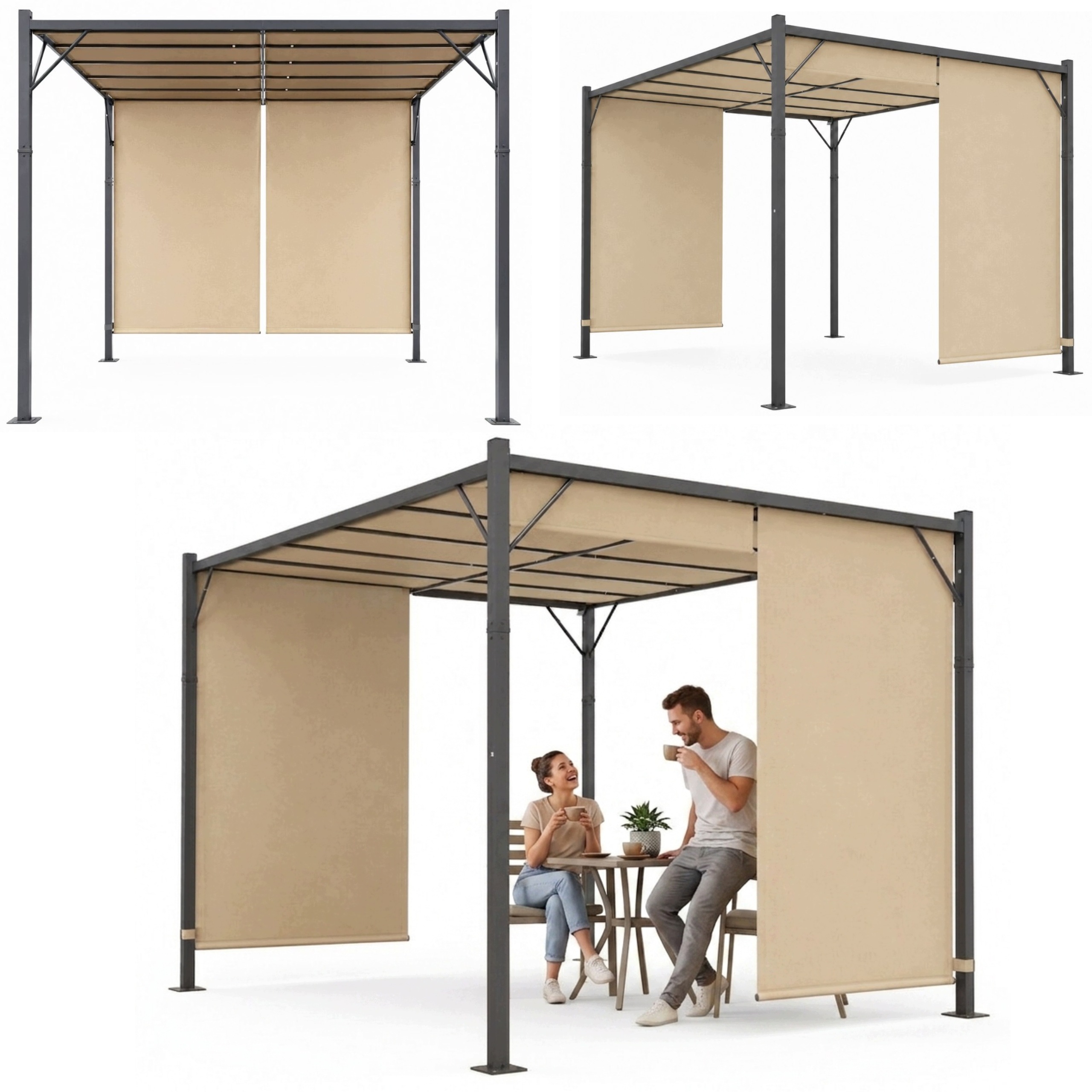 Pergola Altana Ogrodowa Zadaszenie Tarasu 3x4 m Beż Rolety Boczne Stalowa