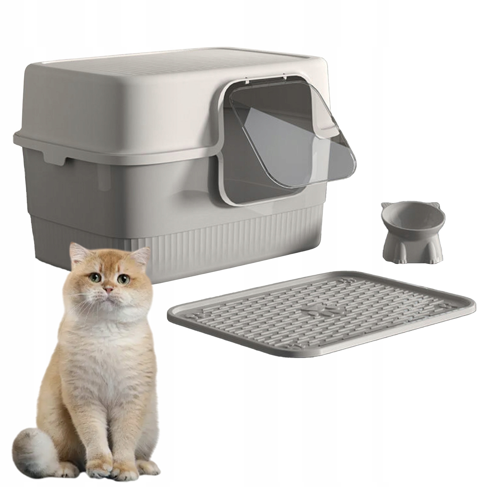 Levně Toaleta Pro Kočky Je Uzavřená V Šedé Barvě S Miskou Pro Kočky A Lopatkou Na Stelivo