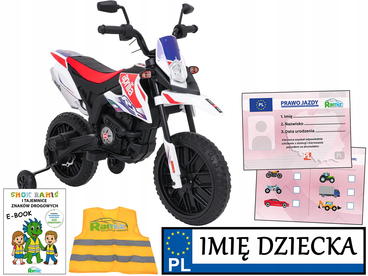 Motor Na Akumulator dla dzieci Aprilia Rx boczne kółka 2 silniki Prawko