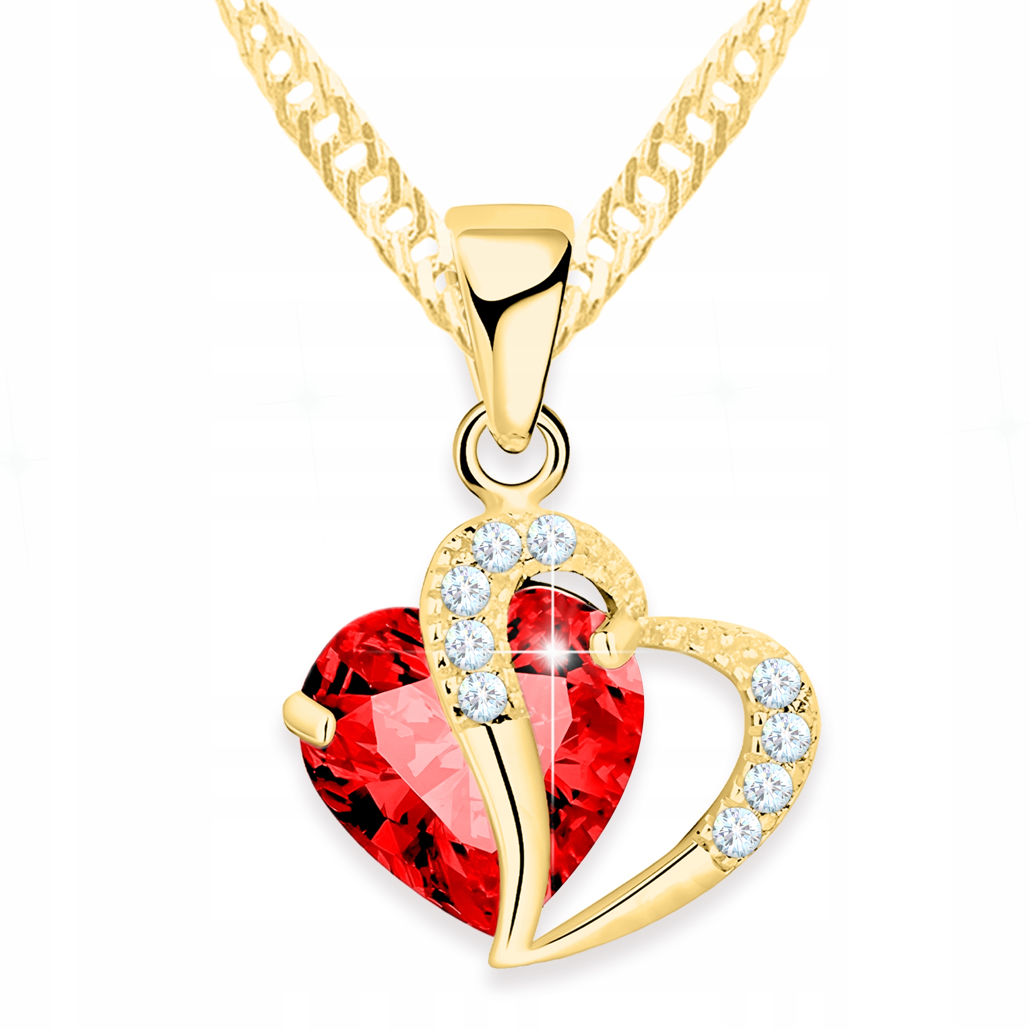 Zlatý náhrdelník 925 Rubínová láska Křišťálové srdce Zirkony Pozlacený 585