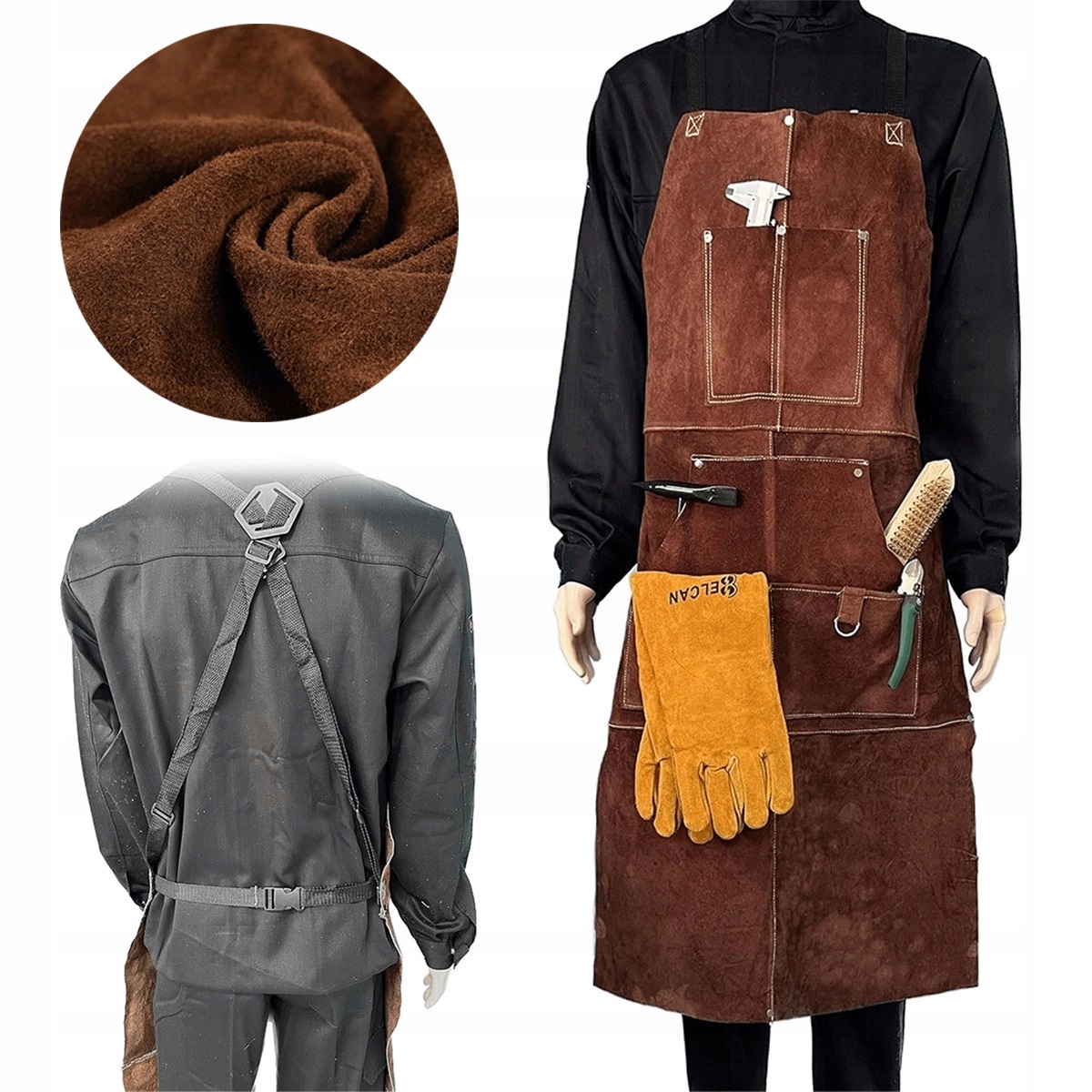 Kožená zástěra s 5 kapsami a kovovými nýty pro kutilské svařování