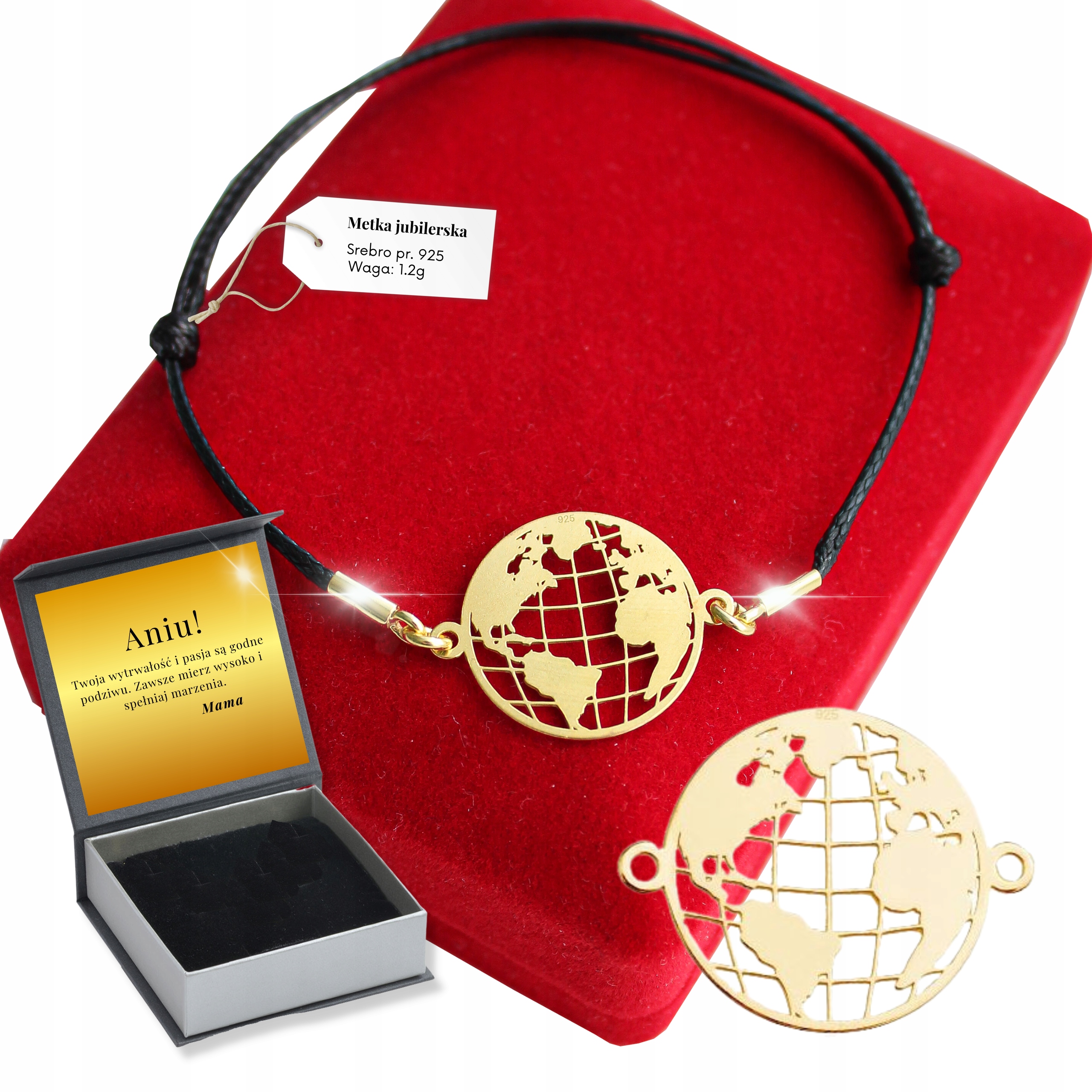 

Złota Bransoletka 925 Grawer Sznurek Ziemia Globus