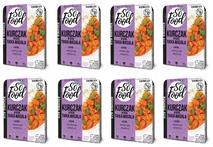 Levně 8 x 330 g So Food Kuřecí maso v omáčce Tikka Masala s rýží a hotovým pokrmem Karton