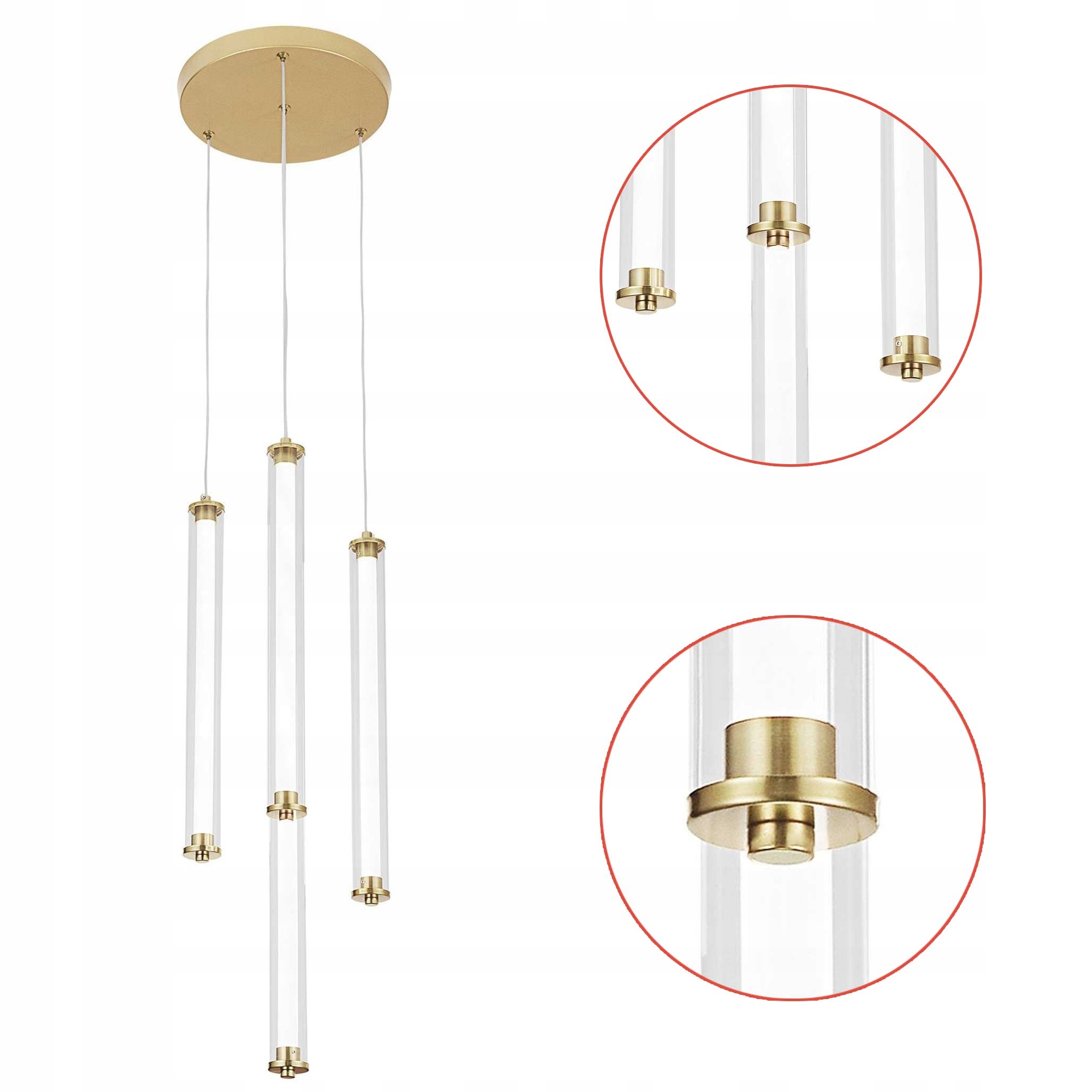 Elegantná Led závesná lampa 4 sklenené trubice s detailmi, zlatá brúsená