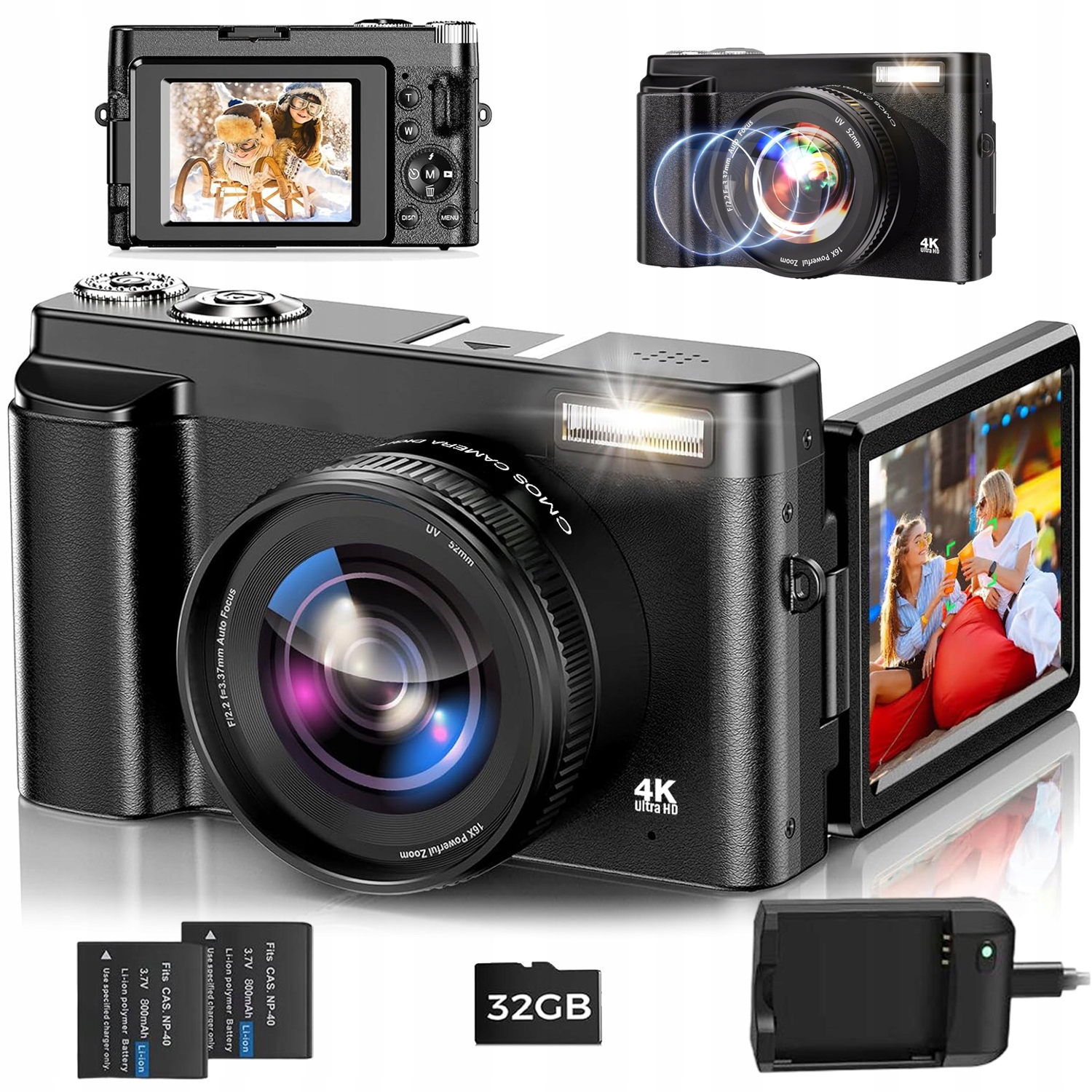 Przenośny Ręczna Aparat Cyfrowy Kamera Hd 4K 48MP 16X Zoom +2X Aku 800MAH