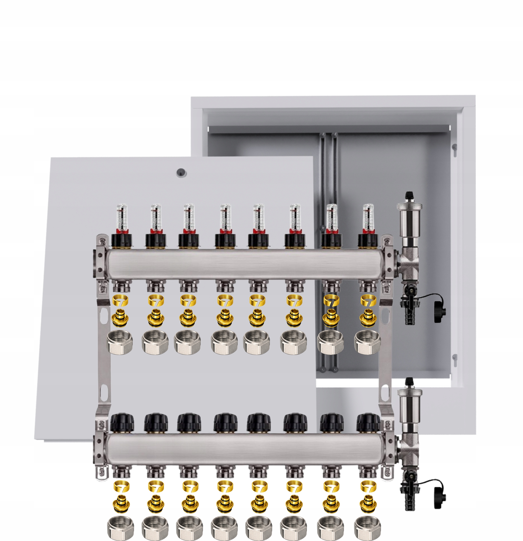 Nerezový rozdělovač pro podlahovku 8 okruhů s nástěnným boxem Pex