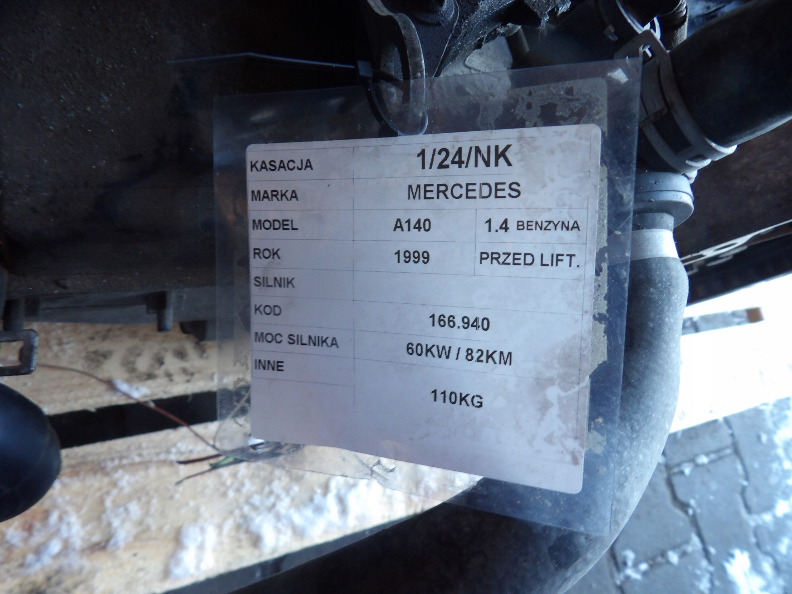 Mercedes W168 A140 engine 1,4B 60KW 82KM 166940