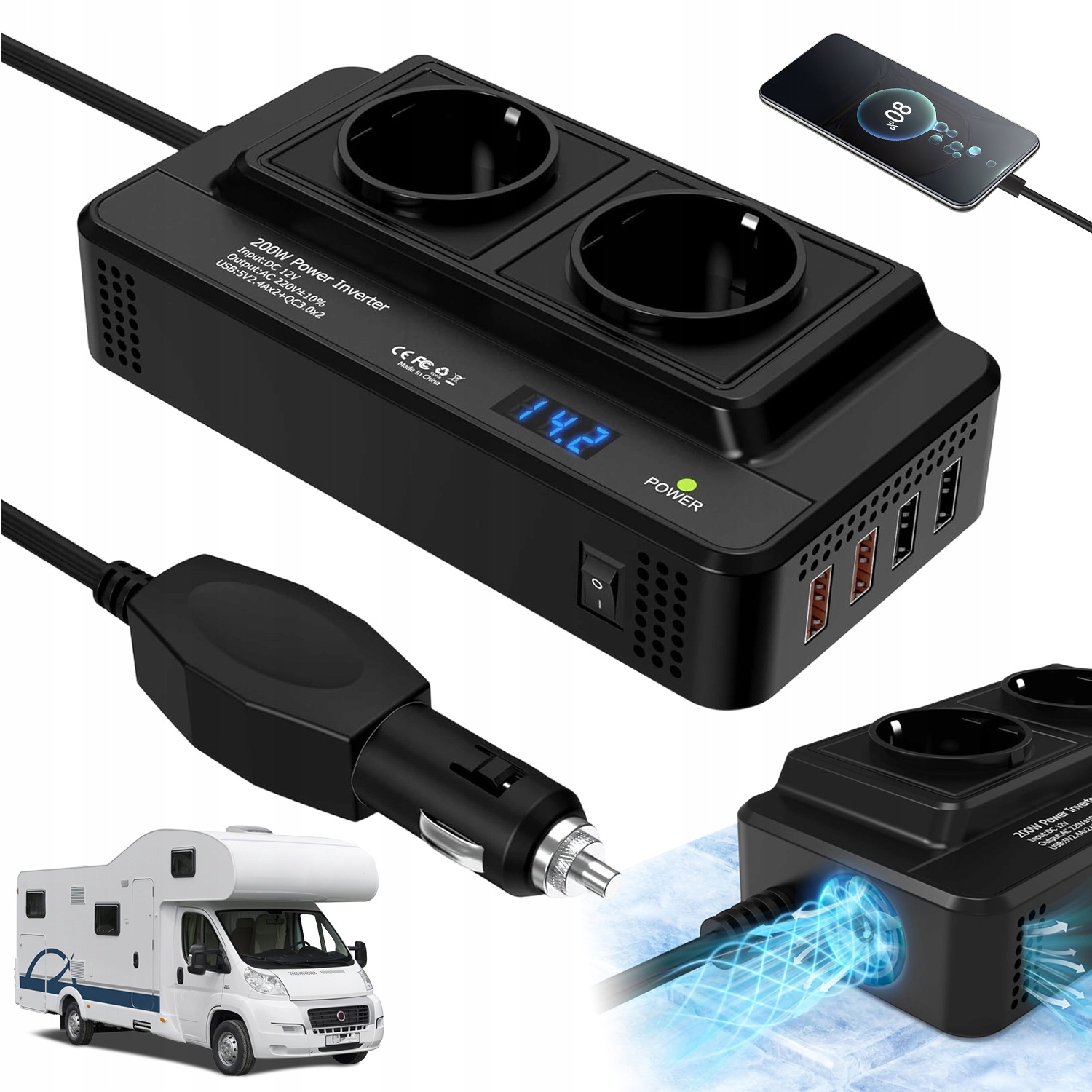Měnič Napětí Automobilová 200W 12V Na 220V 2 Ac Zásuvky 4USB Qc 3.0