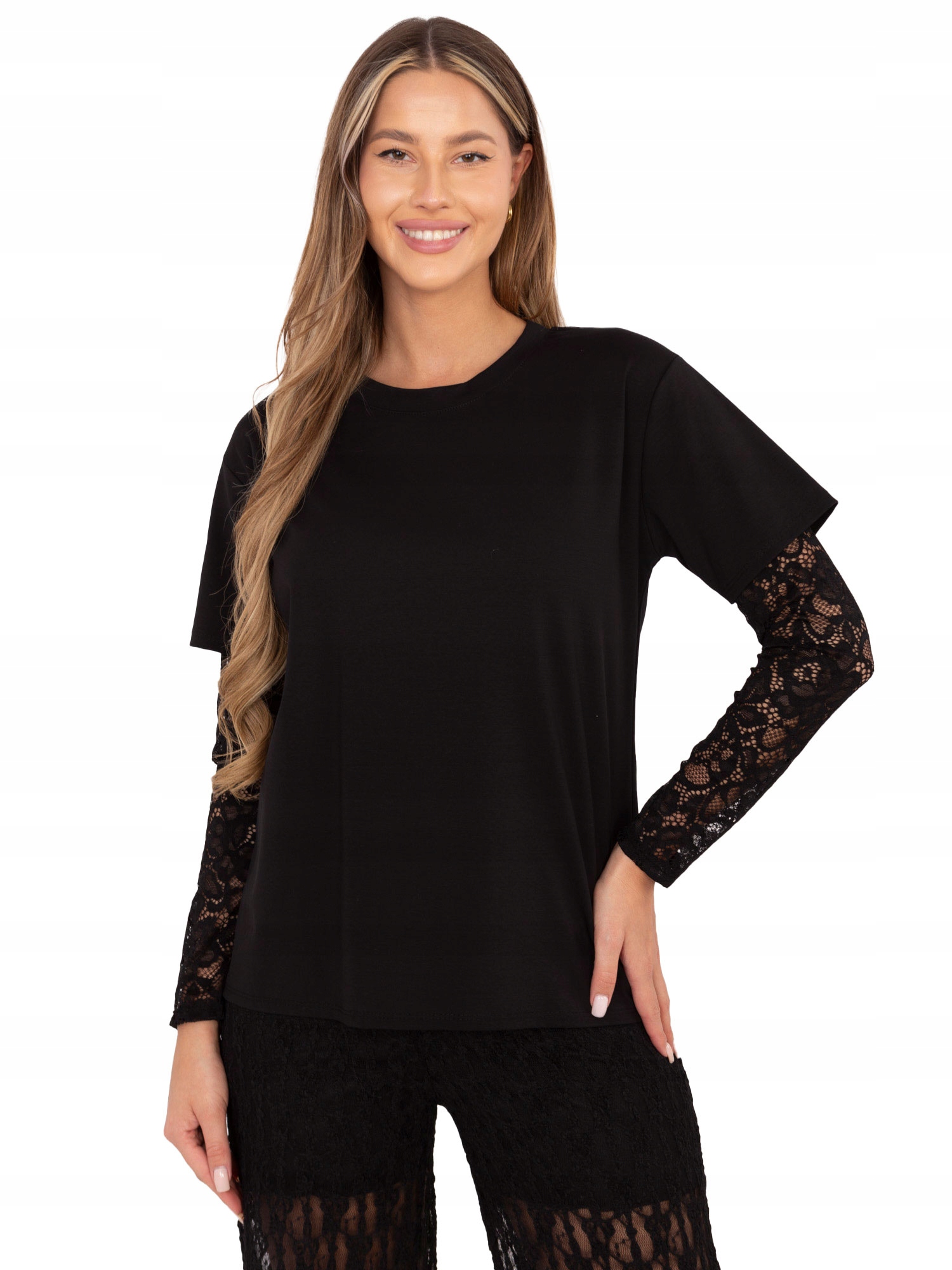 Bluzka Casualowa Damska o Kroju T-shirta z Koronkowymi Rękawami