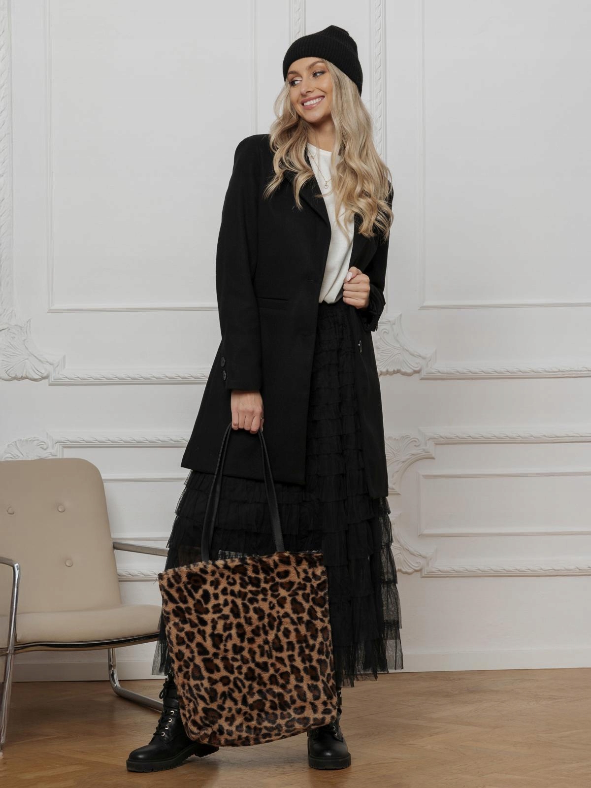 Elegantní dámský černý, pohodlný klasický kabát CLR037, velikost XL
