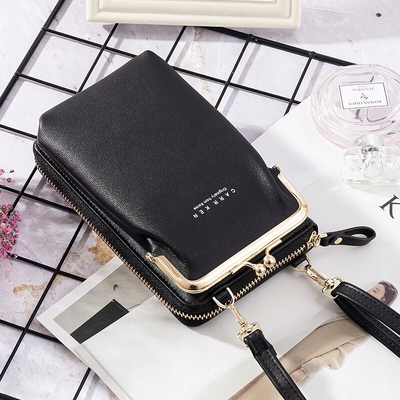 MINI TOREBKA NA RAMIĘ TELEFON PORTFEL KOPERTÓWKA CZARNA ZŁOTA Materiał dominujący skóra ekologiczna