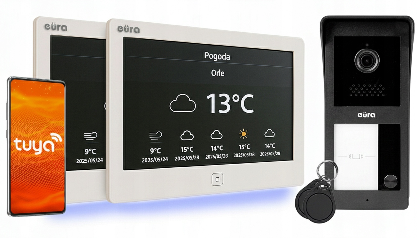 Wideodomofon 2-żyłowy 2 monitory aplikacja Tuya breloki stacja pogody