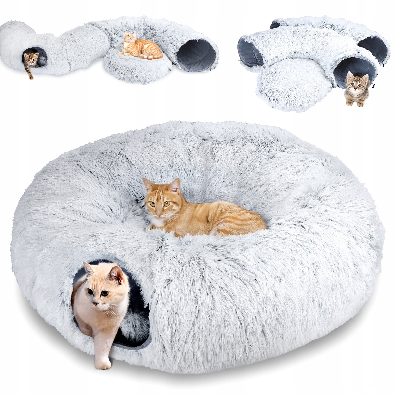 Levně Kočka Donut Pelíšek Tunel Šedý XXL Teplá Měkká Polštář