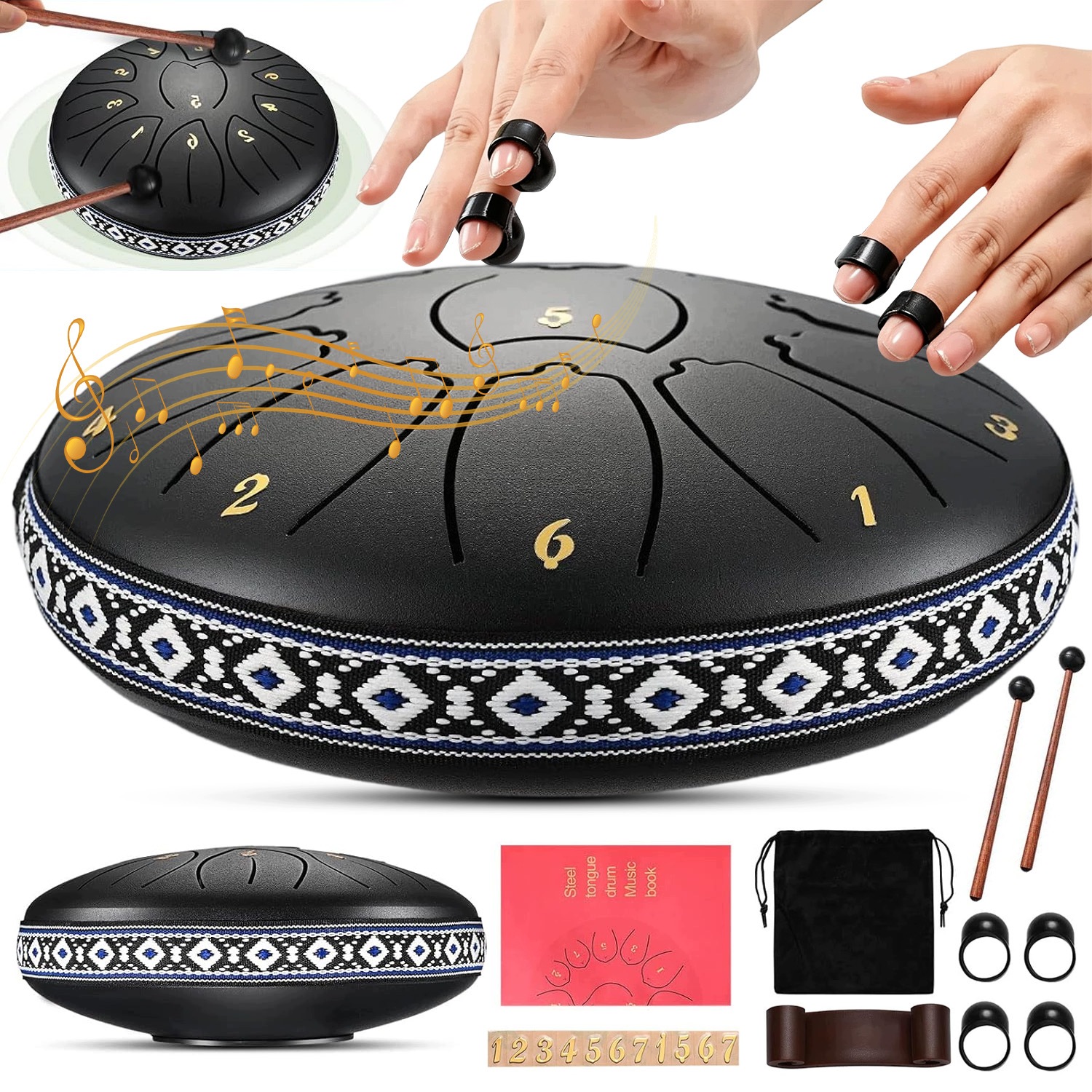Ocelový Jazykový Buben Tongue Drum 6 Palců 11 Tónů D Dur Meditace Jóga