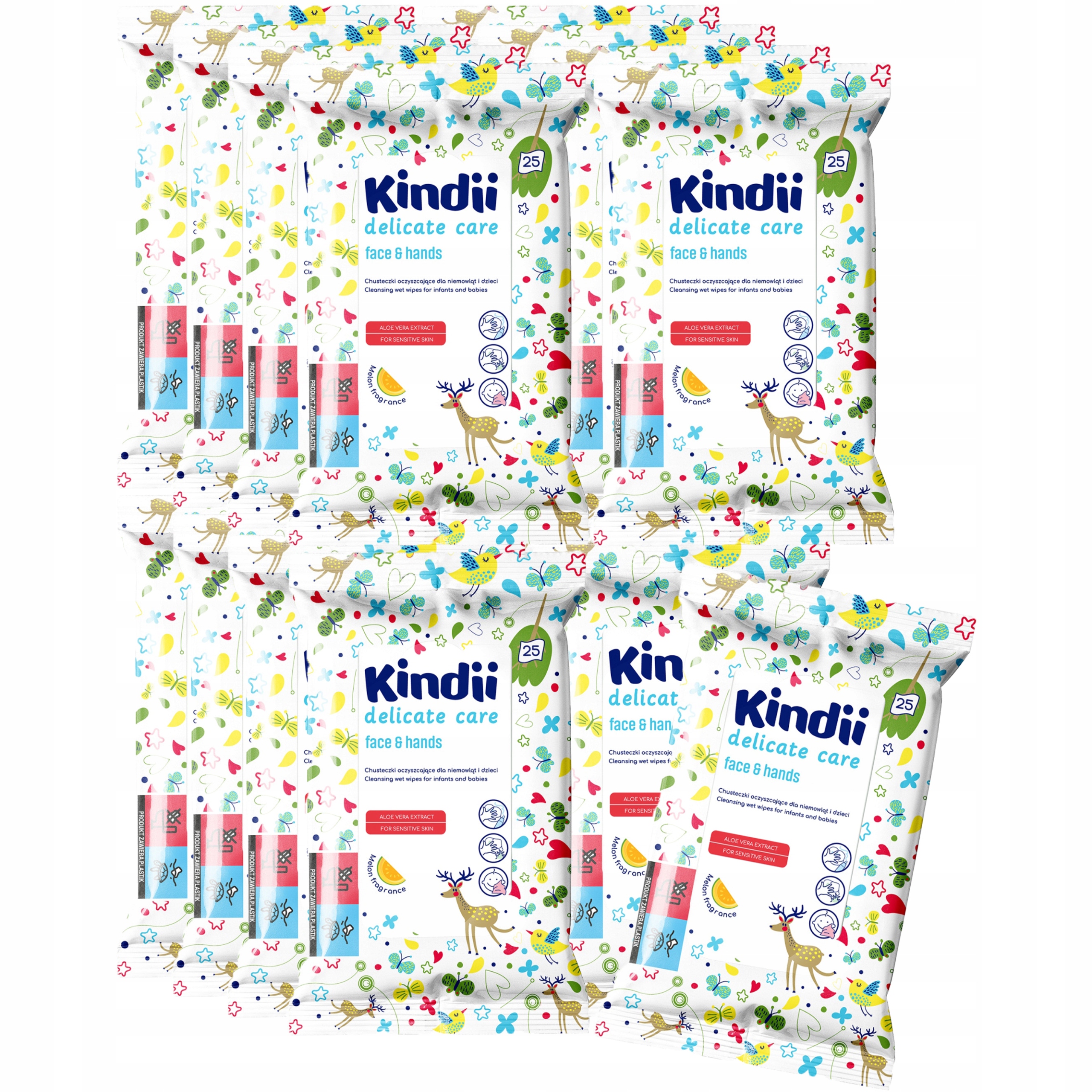 16 x Kindii Delicate Care face & hands Oczyszczające chusteczki 25 szt.