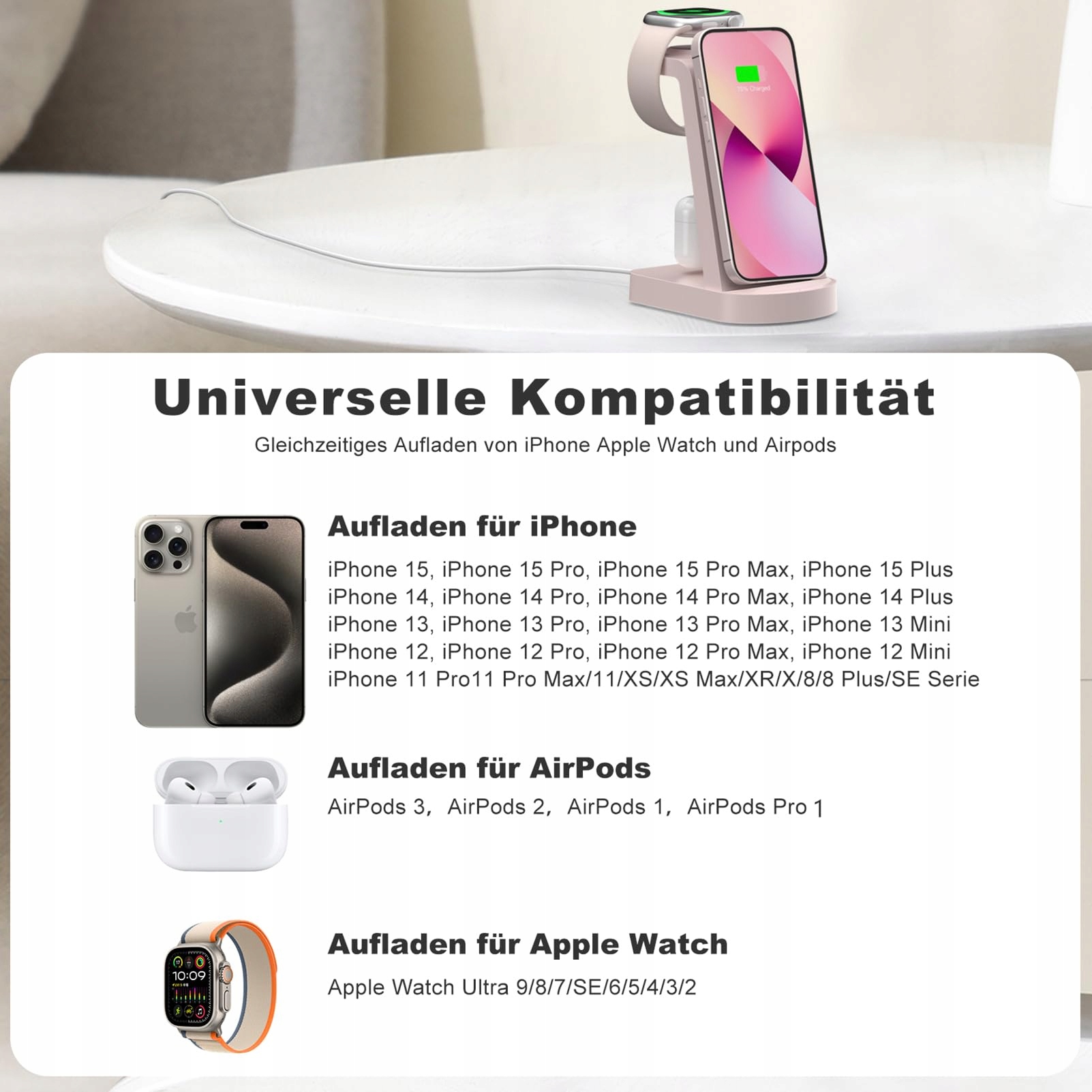INNISTO ŁADOWARKA 3W1 DO IPHONE APPLE WATCH AIRPODS RÓŻOWA — miniatura 2