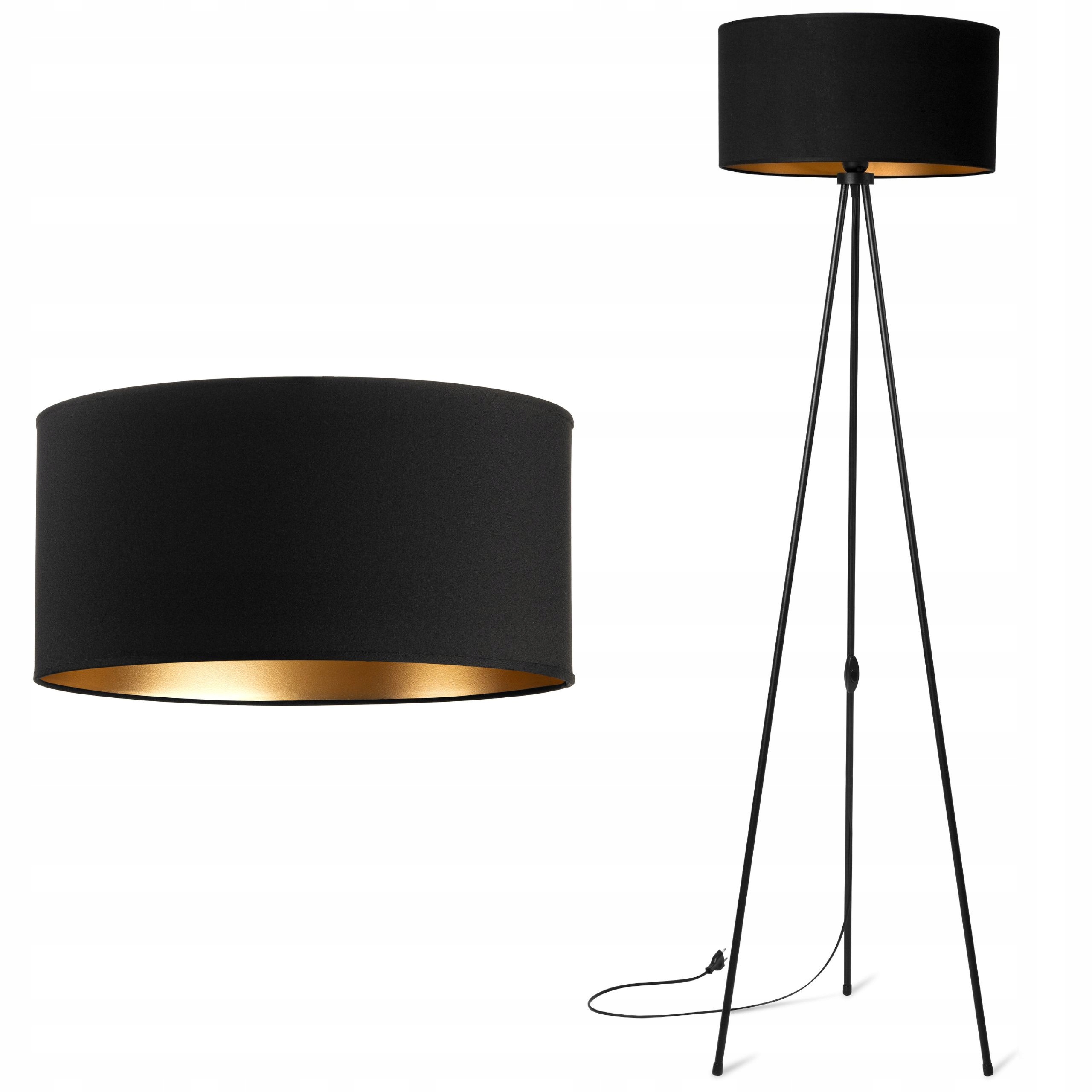 Lampa stojąca podłogowa Trójnóg Metalowy Abażur czarny złoty