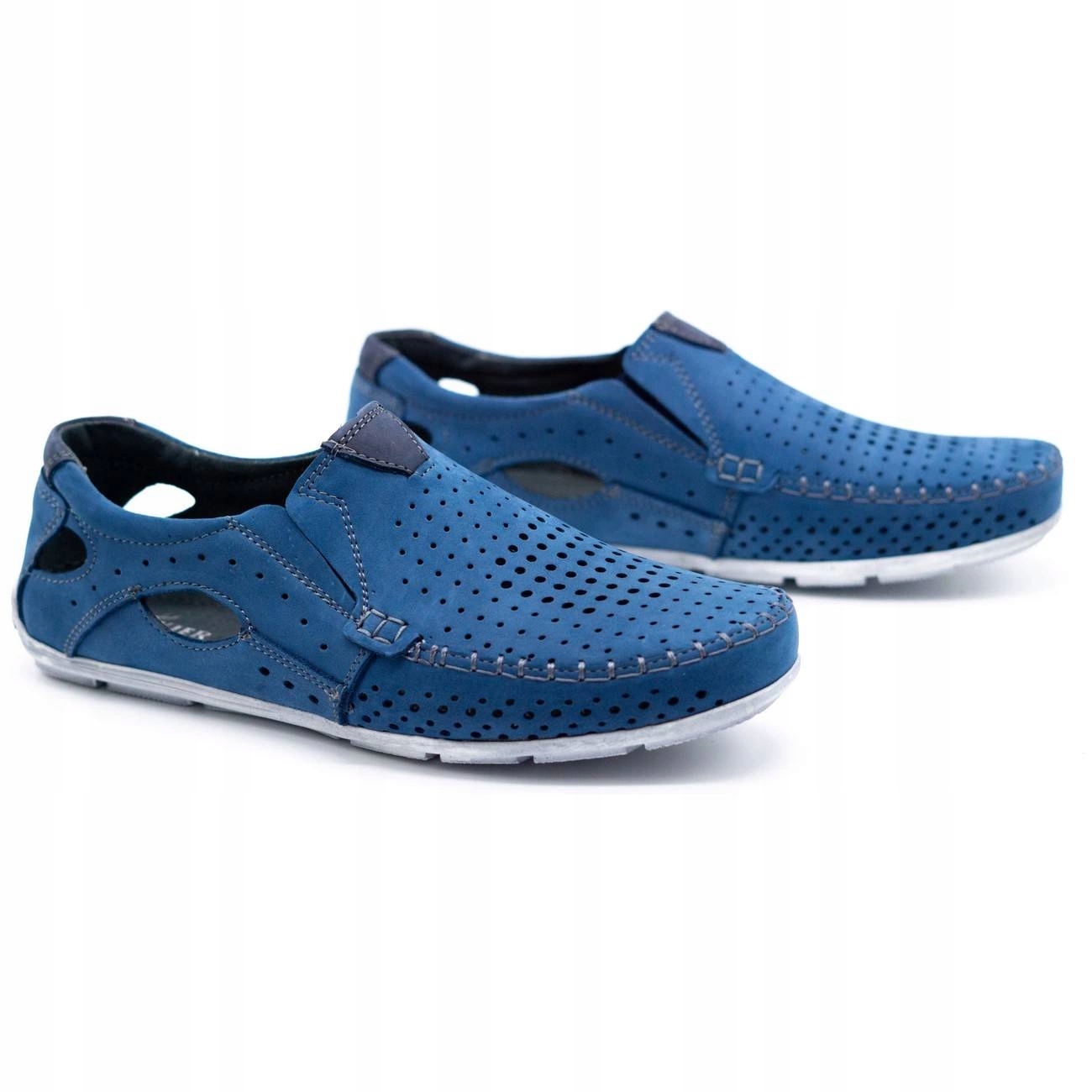 Buty męskie mokasyny skórzane na lato ażurowe POLSKIE 901 niebieskie 42 Marka Olivier