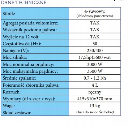 Generator Agregat prądotwórczy 3,5KW TA3500GKWX Typ agregatu jednofazowy