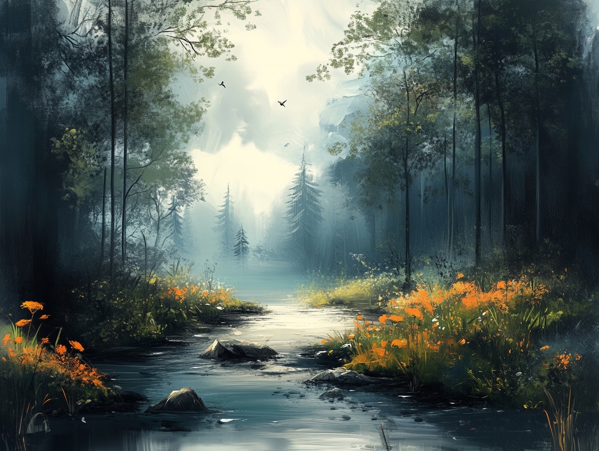 Obraz Na Plátně Canvas Příroda Krajina Les Řeka Potok Květiny Mlha 100x75
