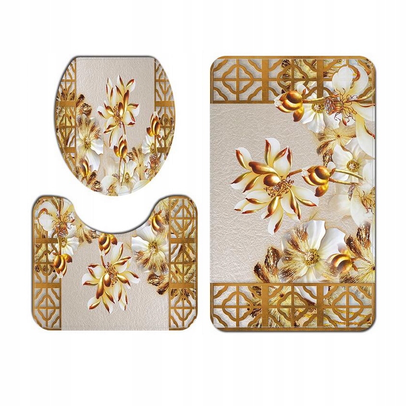 

3 Szt Dywaników Łazienkowych Beżowy Złote Komplet