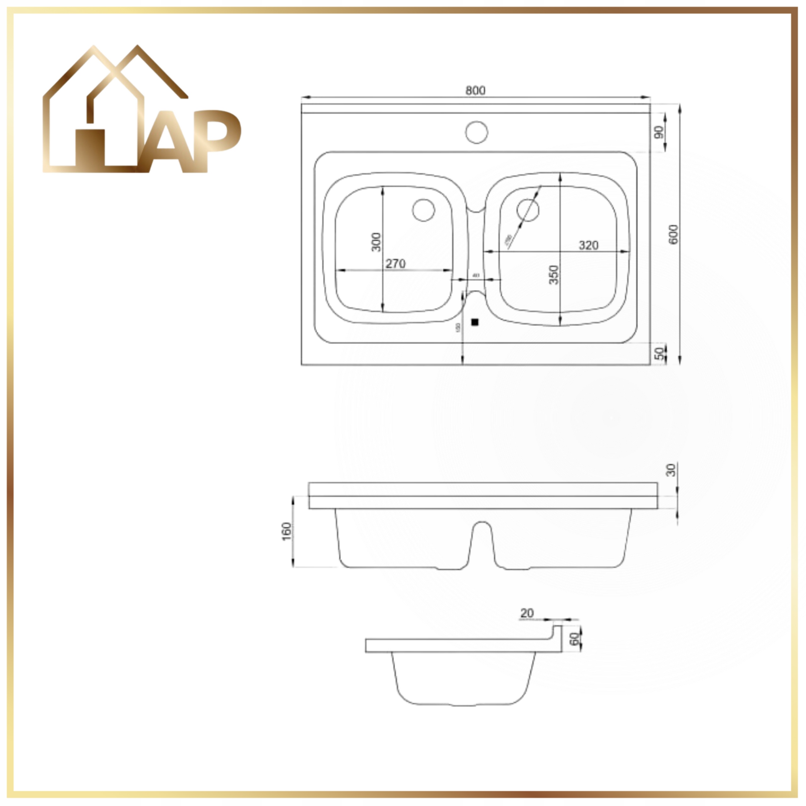 ZLEWOZMYWAK 80x60 BIAŁY DWUKOMOROWY Z OTWOREM NAKŁADANY NA SZAFKĘ SYFON Dłuższy bok 80 cm